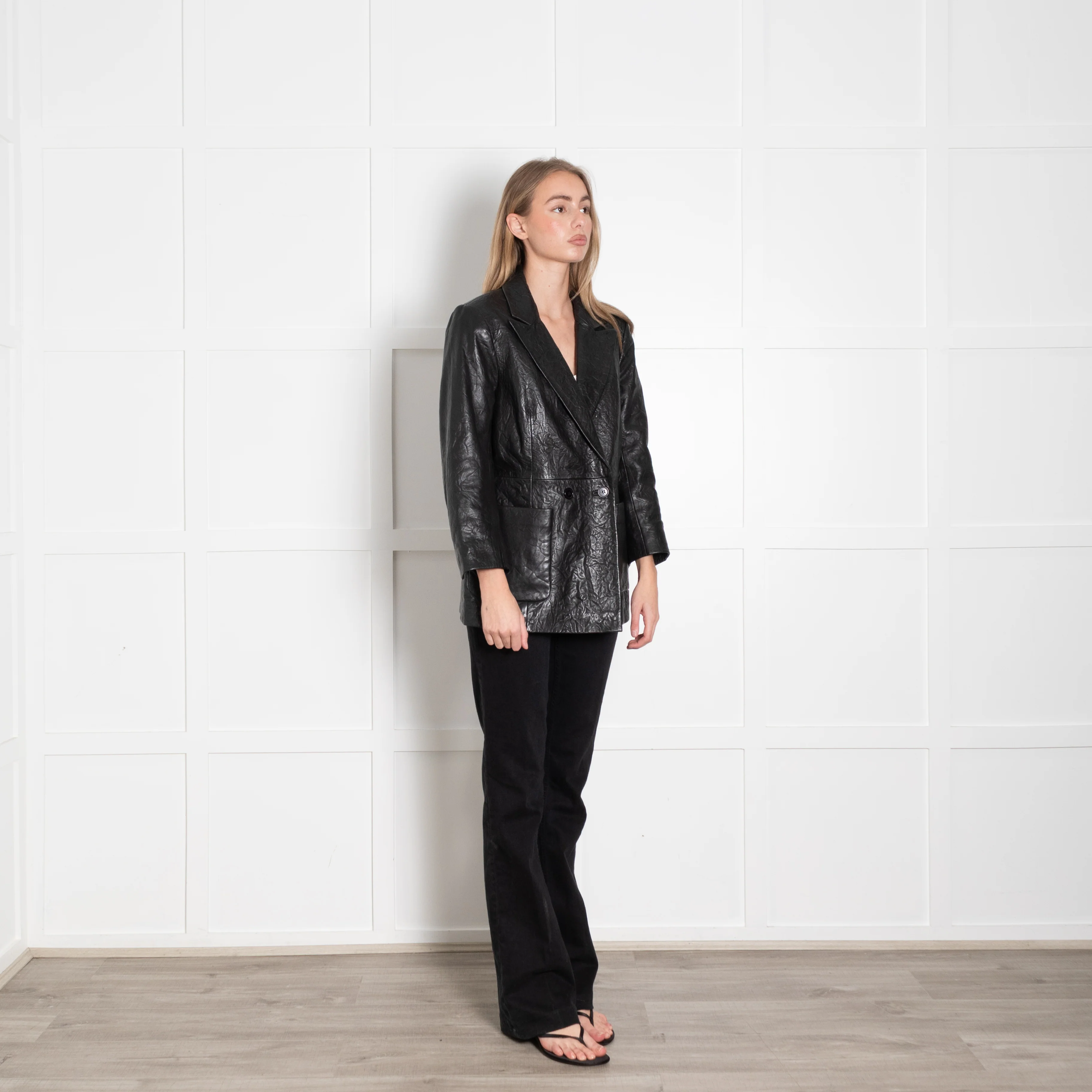 Zadig & Voltaire Black Crinkled Leather Blazer Jacket - Image 7