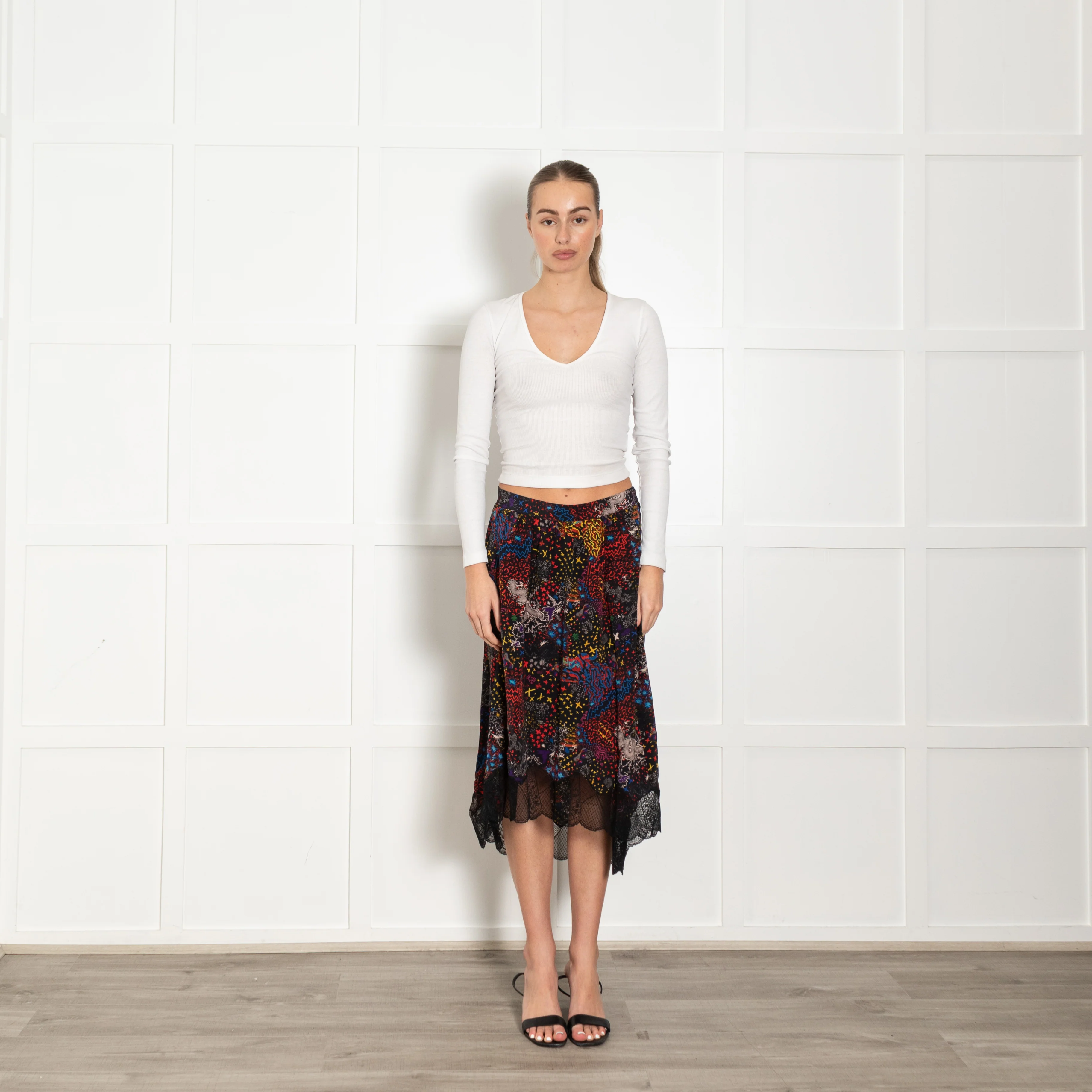 Zadig & Voltaire Preloved Black Multi Floral Lace Trim Silk Skirt