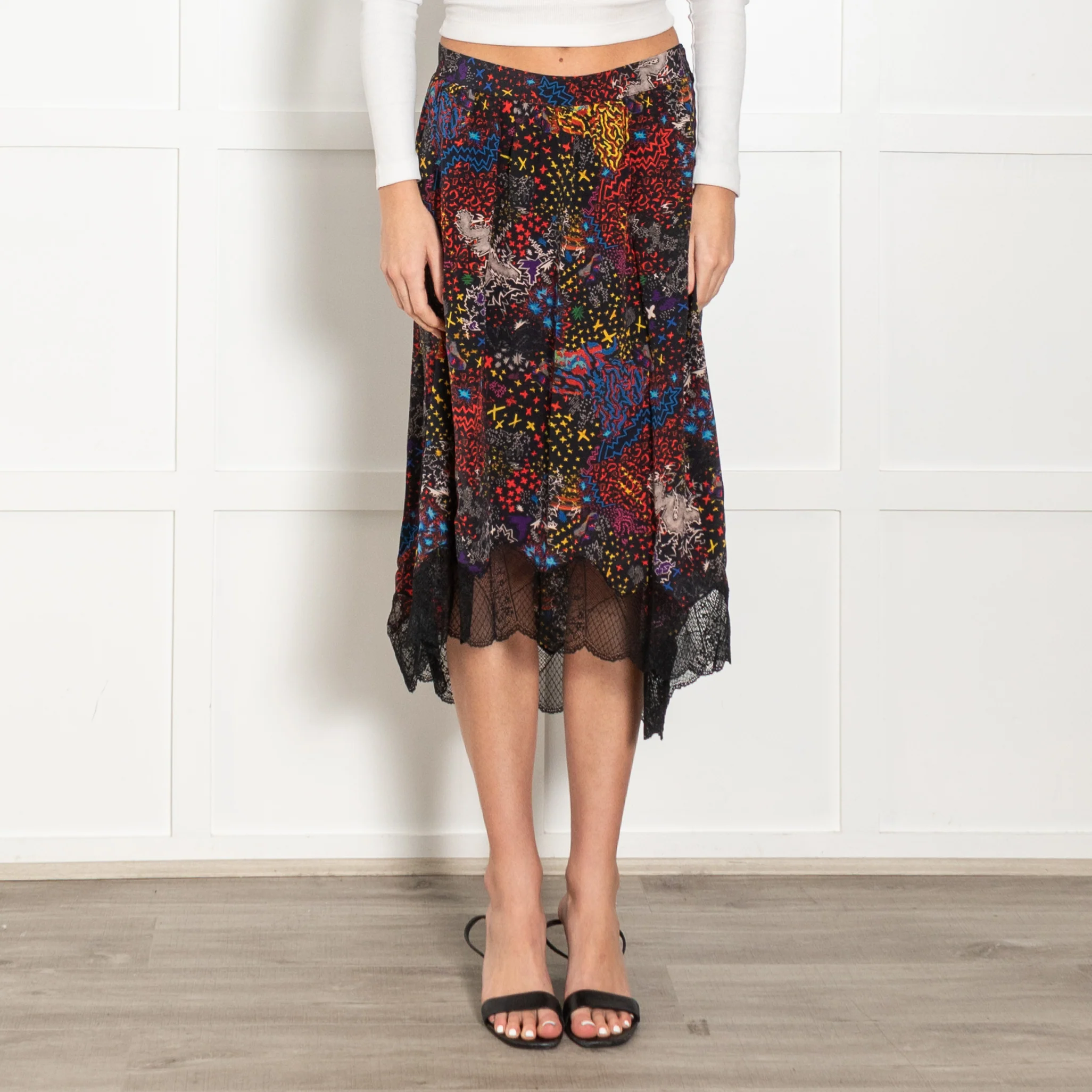 Zadig & Voltaire Preloved Black Multi Floral Lace Trim Silk Skirt - Image 2