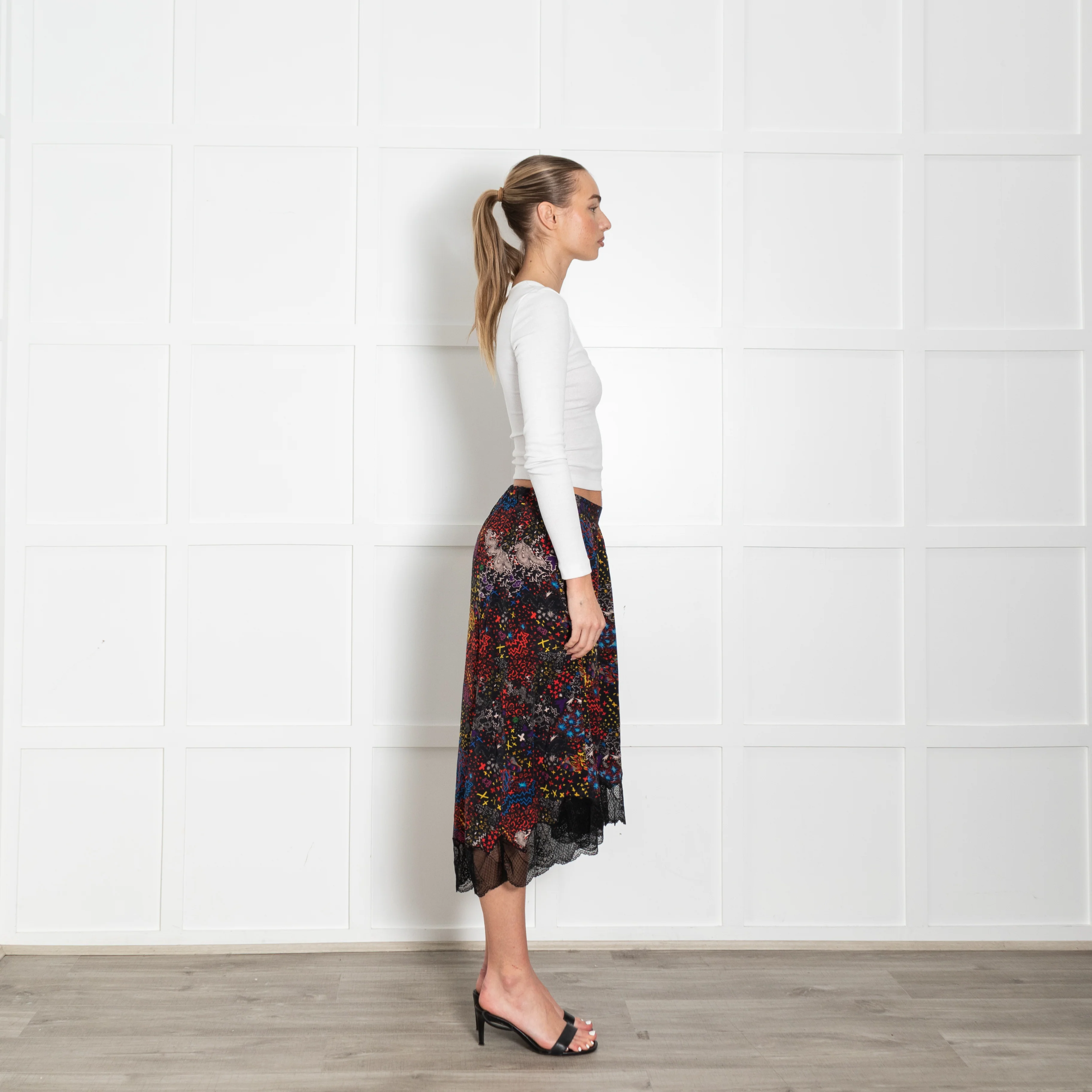 Zadig & Voltaire Preloved Black Multi Floral Lace Trim Silk Skirt - Image 6