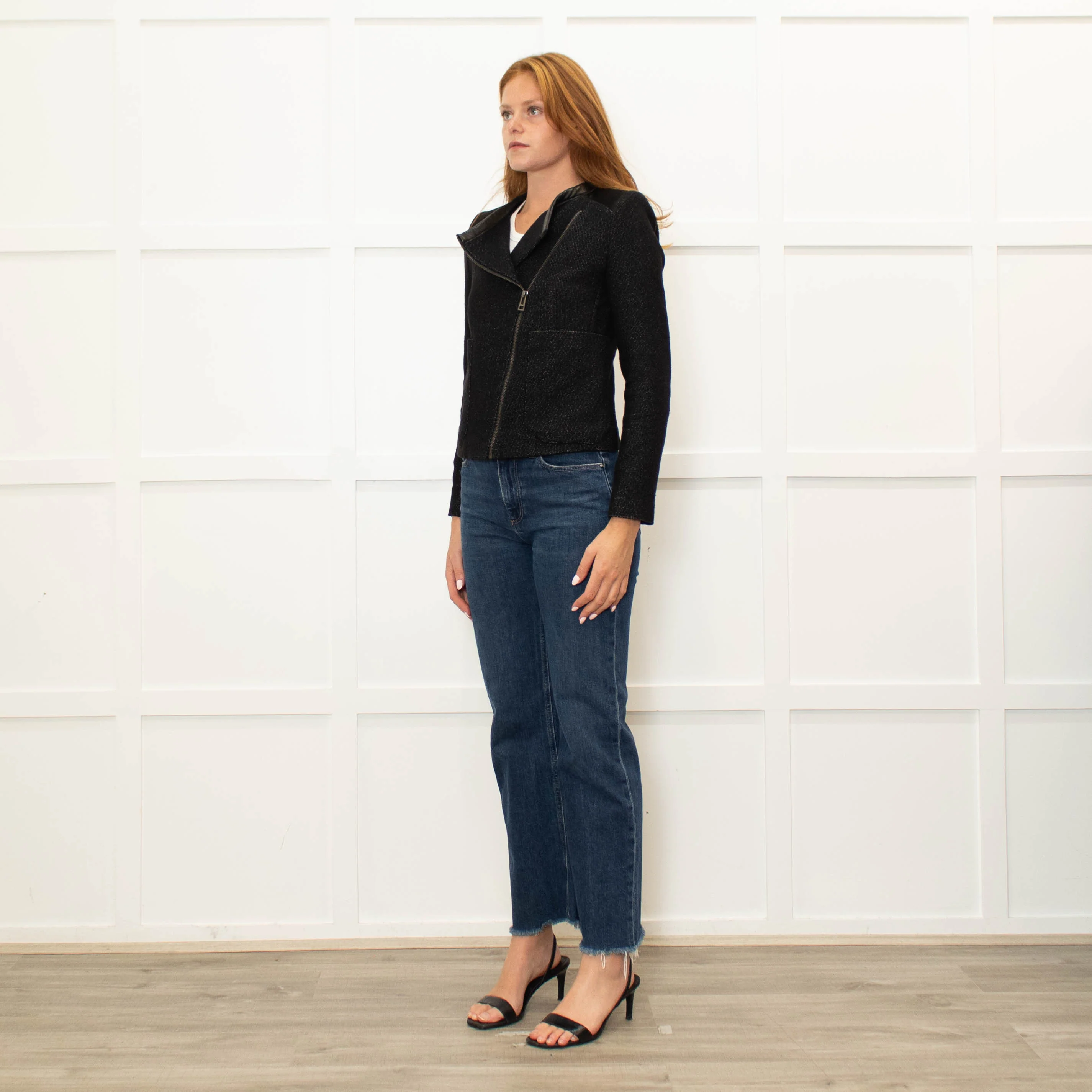 Zadig & Voltaire Black White Fleck Leather Trim Zip Up Jacket - Image 3