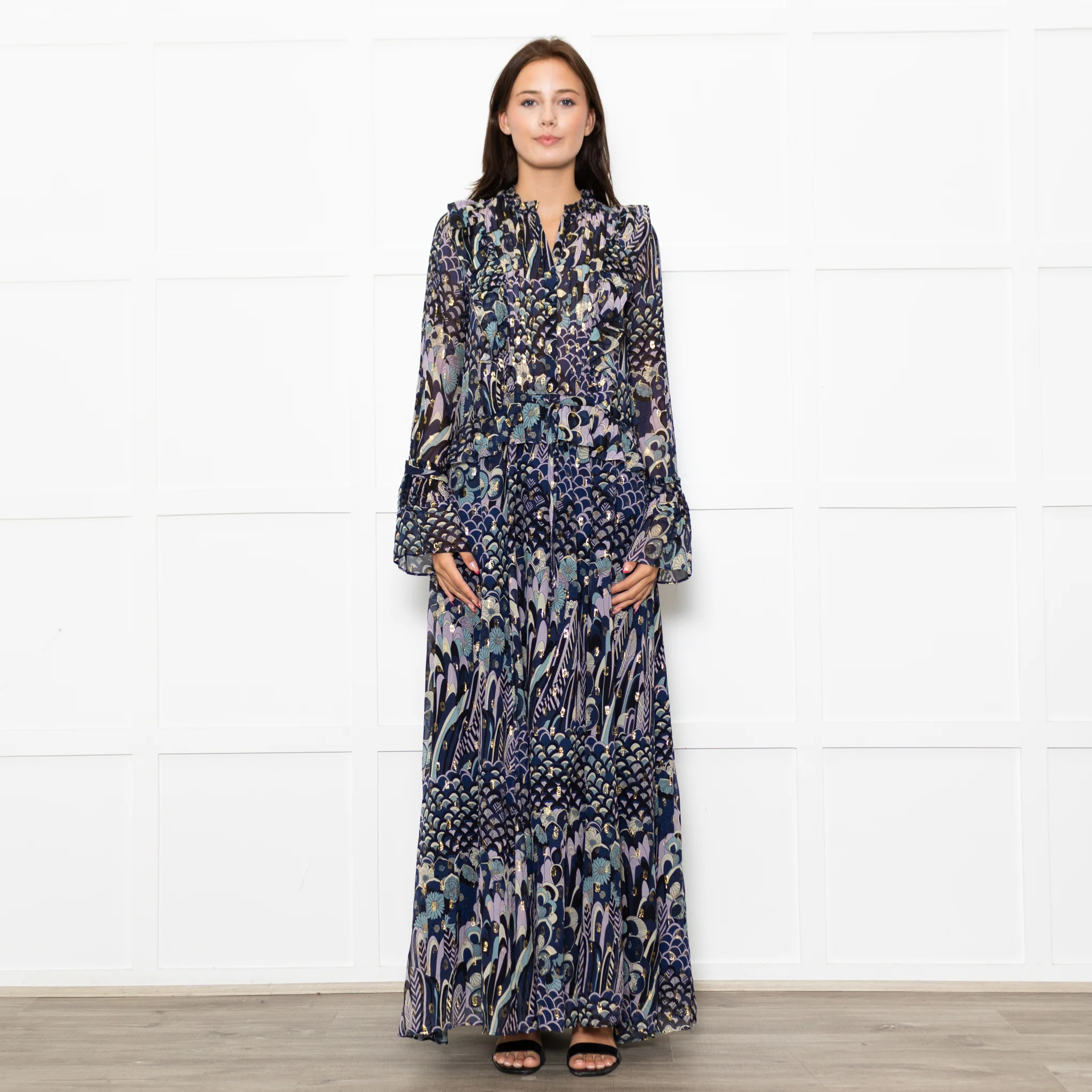 Zadig & Voltaire Blue Black Cream Gold Lurex Floral Print Maxi Dress