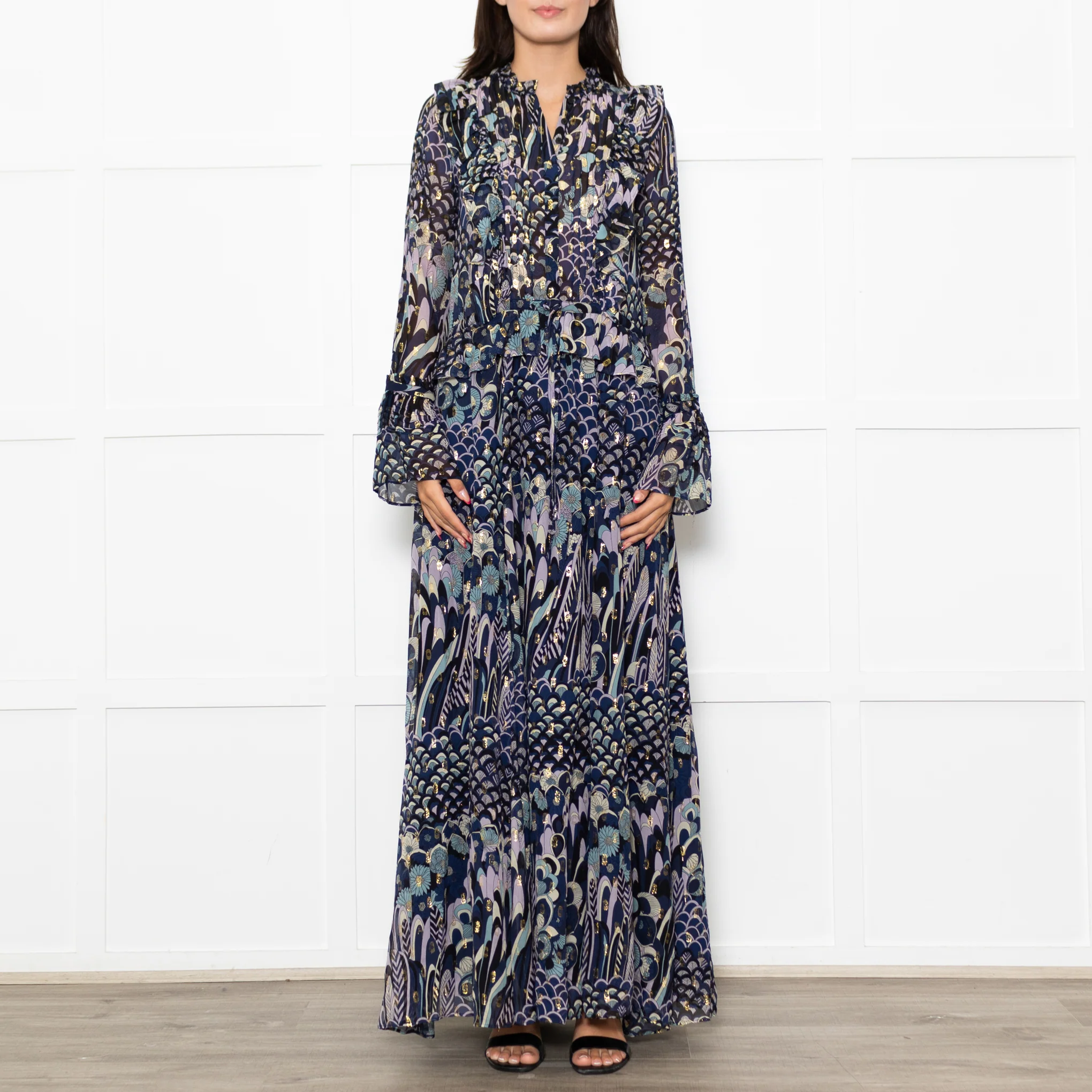 Zadig & Voltaire Blue Black Cream Gold Lurex Floral Print Maxi Dress - Image 2