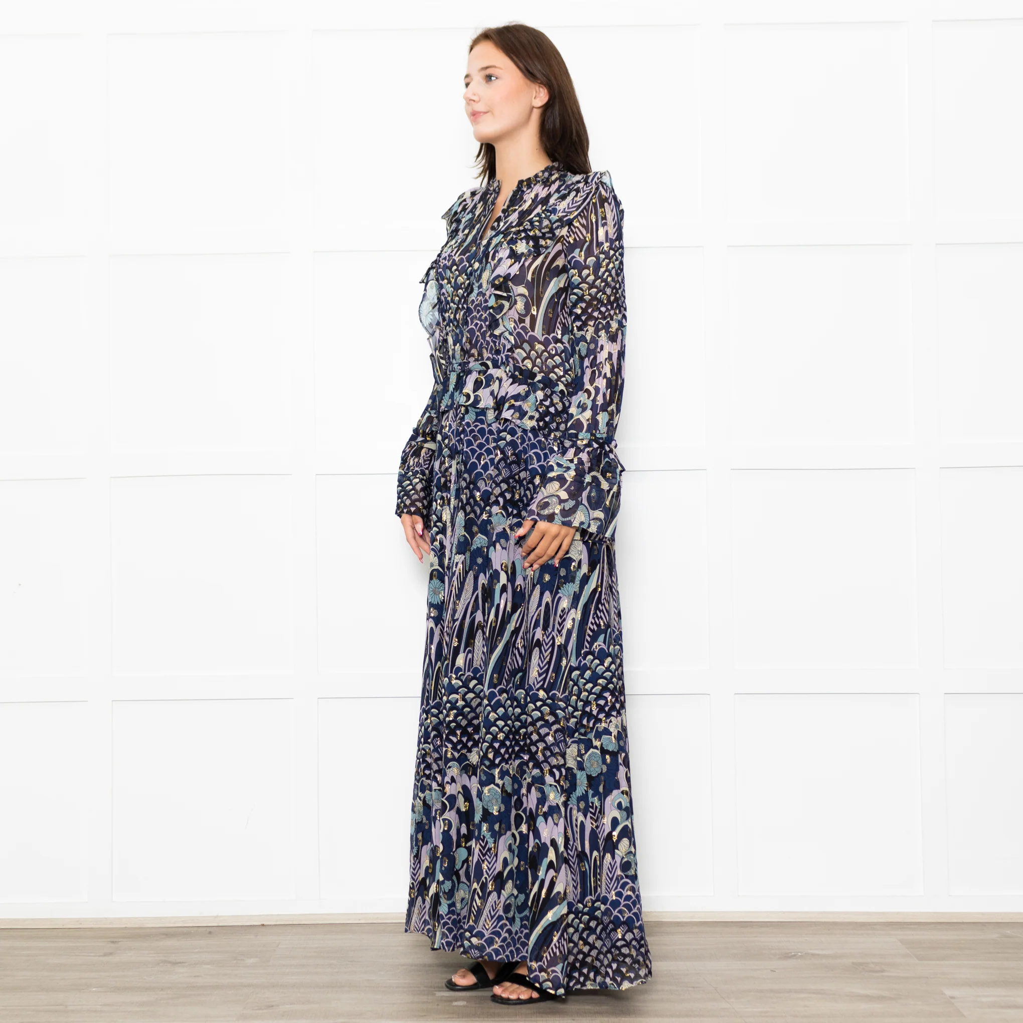 Zadig & Voltaire Blue Black Cream Gold Lurex Floral Print Maxi Dress - Image 3