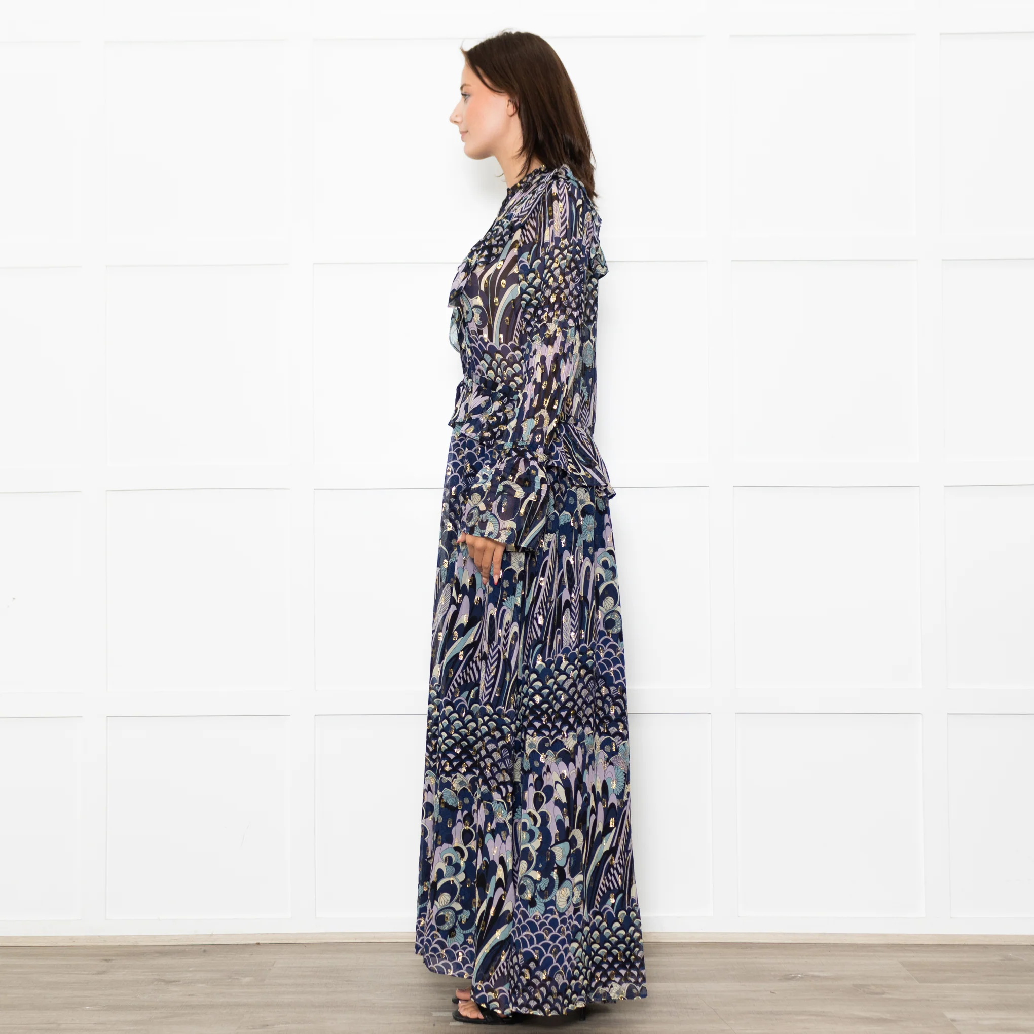 Zadig & Voltaire Blue Black Cream Gold Lurex Floral Print Maxi Dress - Image 4