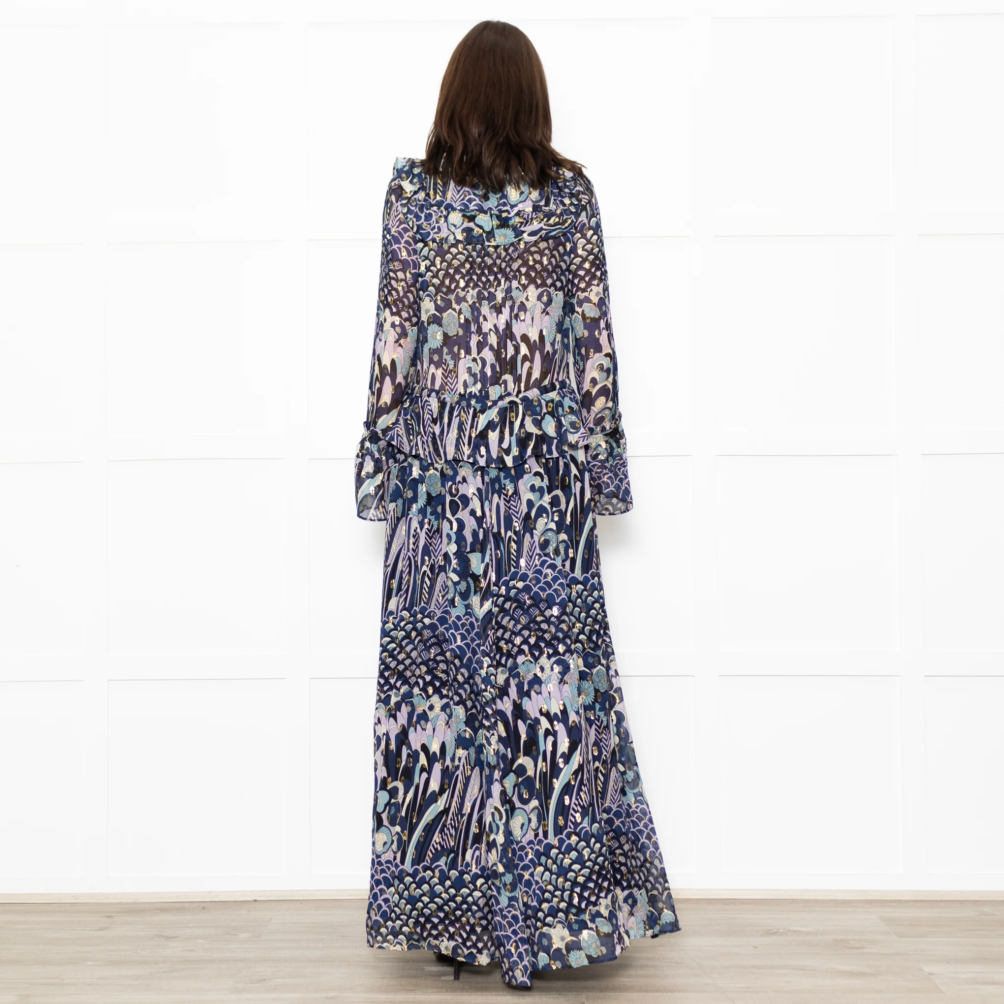 Zadig & Voltaire Blue Black Cream Gold Lurex Floral Print Maxi Dress - Image 5