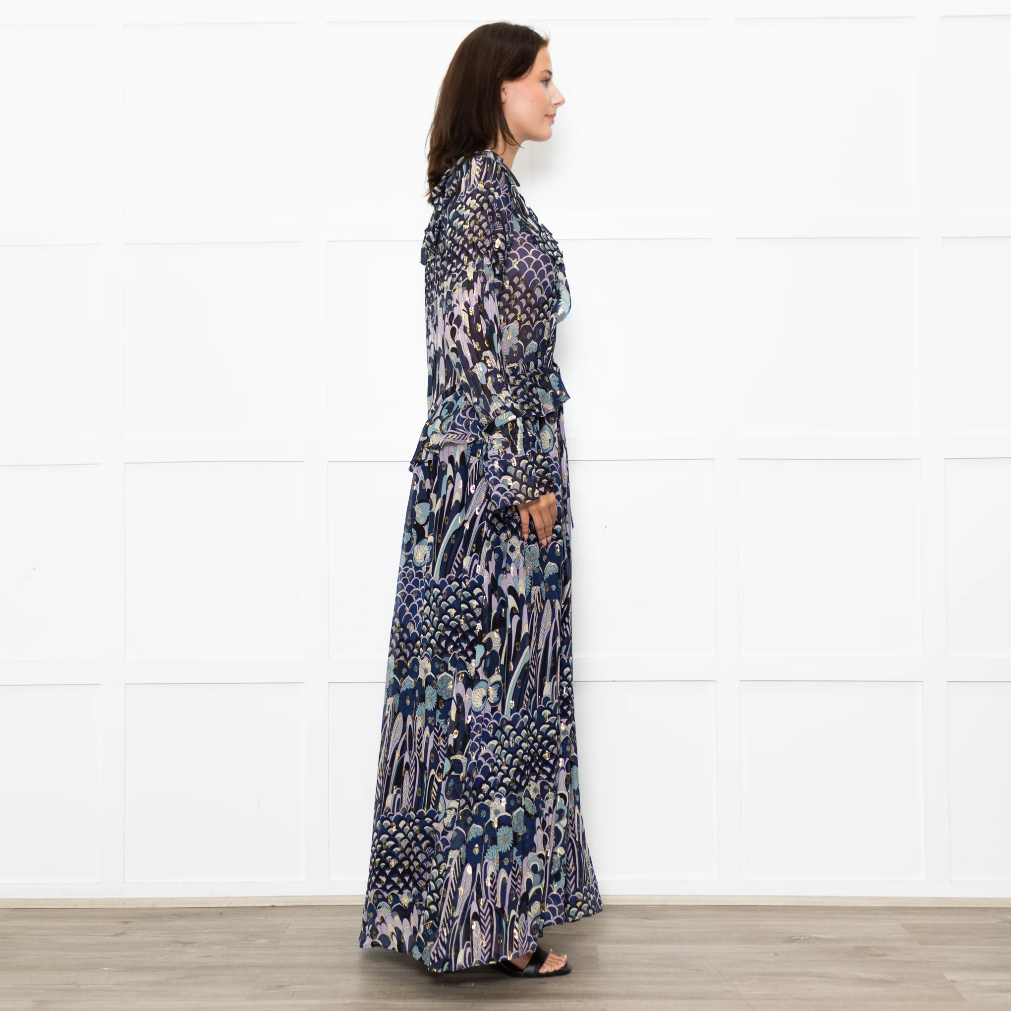 Zadig & Voltaire Blue Black Cream Gold Lurex Floral Print Maxi Dress - Image 6