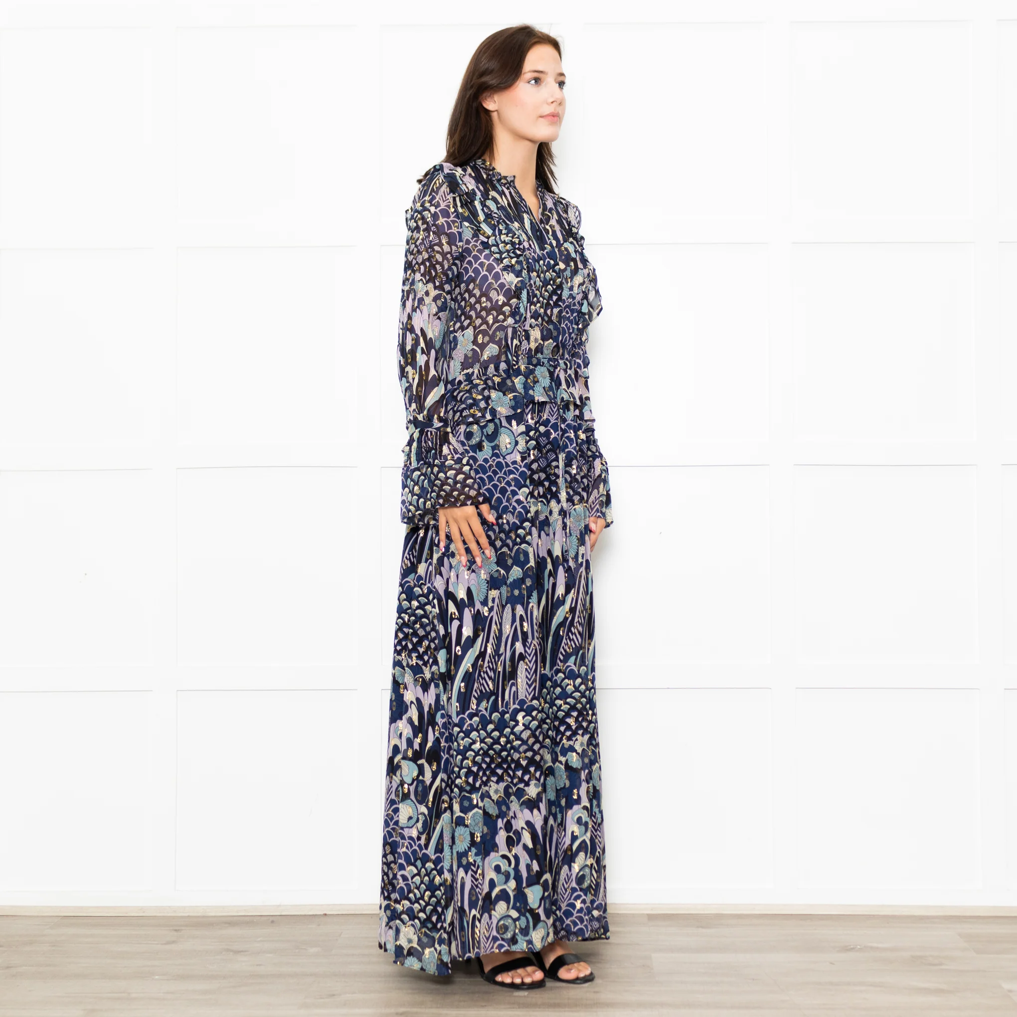 Zadig & Voltaire Blue Black Cream Gold Lurex Floral Print Maxi Dress - Image 7