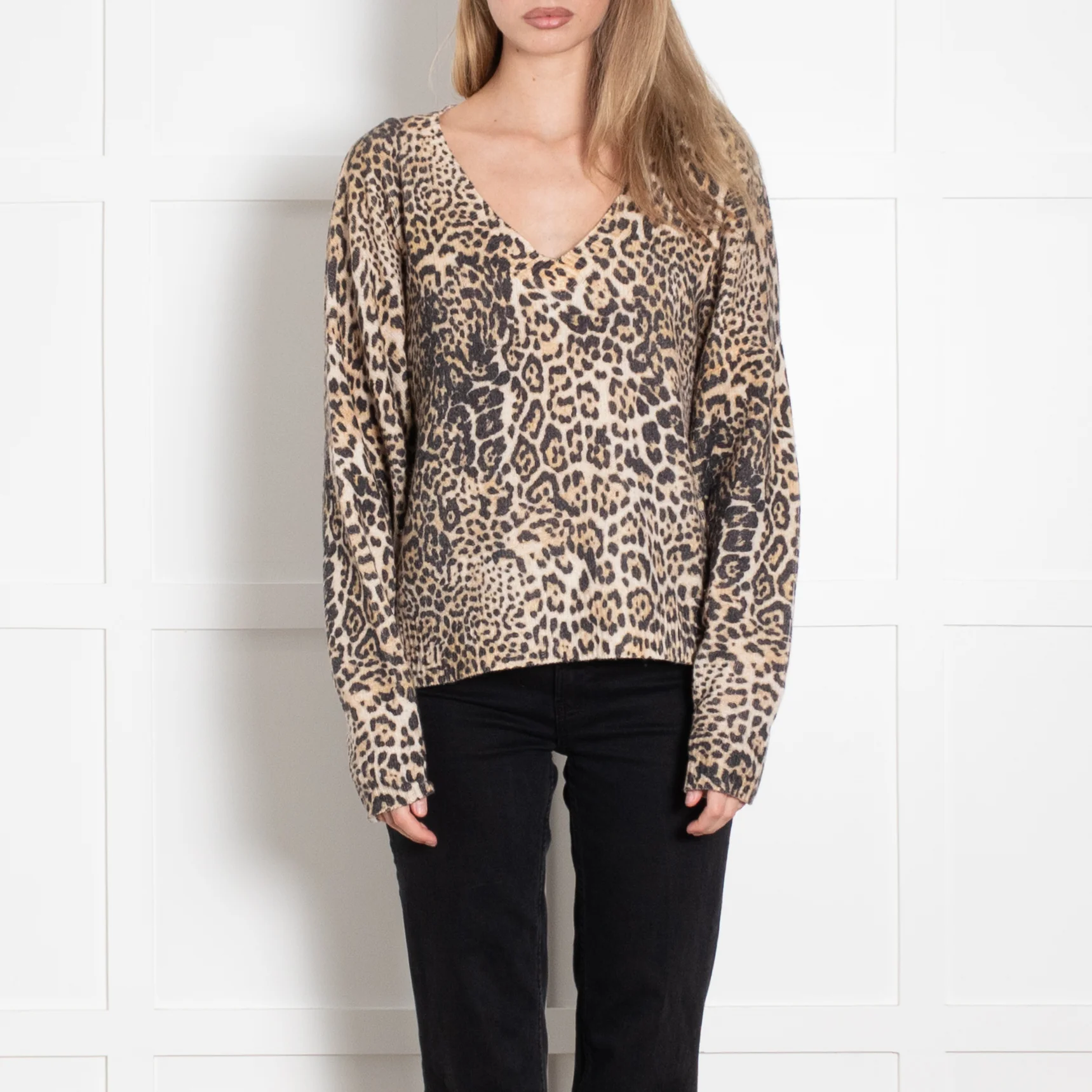 Zadig & Voltaire Cream Brown Animal Print V-Neck Cashmere Sweater - Image 2