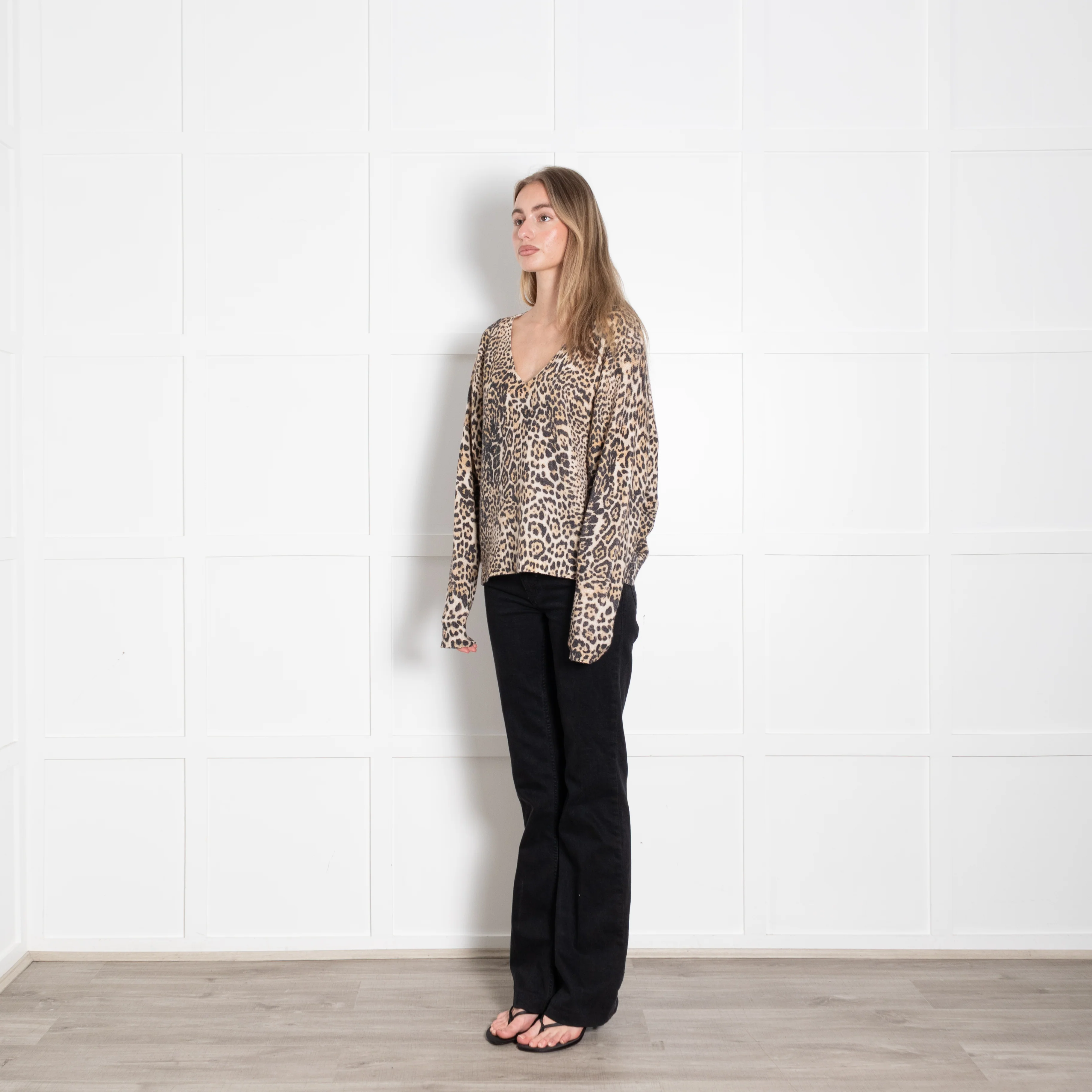 Zadig & Voltaire Cream Brown Animal Print V-Neck Cashmere Sweater - Image 3
