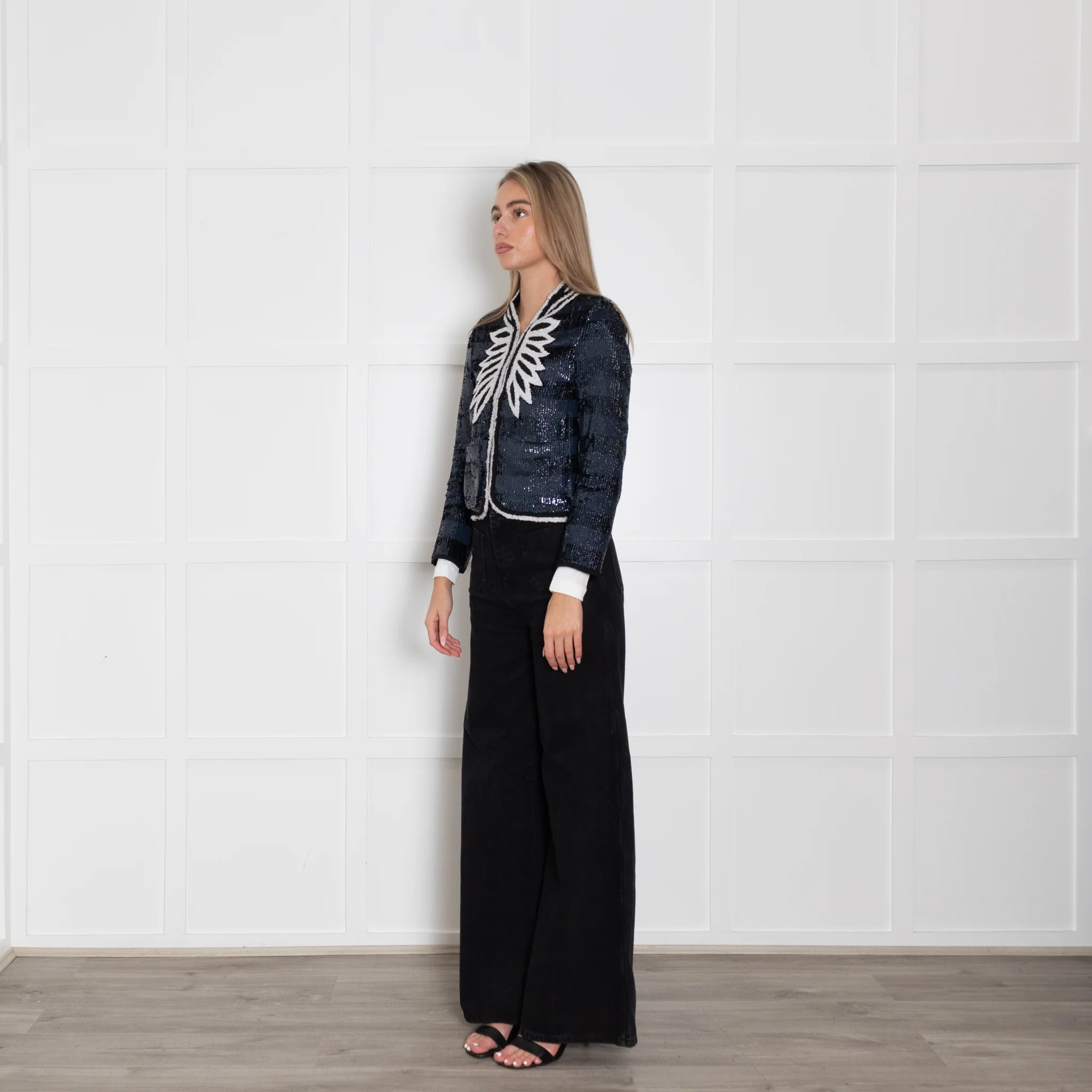 Zadig & Voltaire Preloved Deluxe Navy Sequin Striped Cream Trim Short Jacket - Image 3
