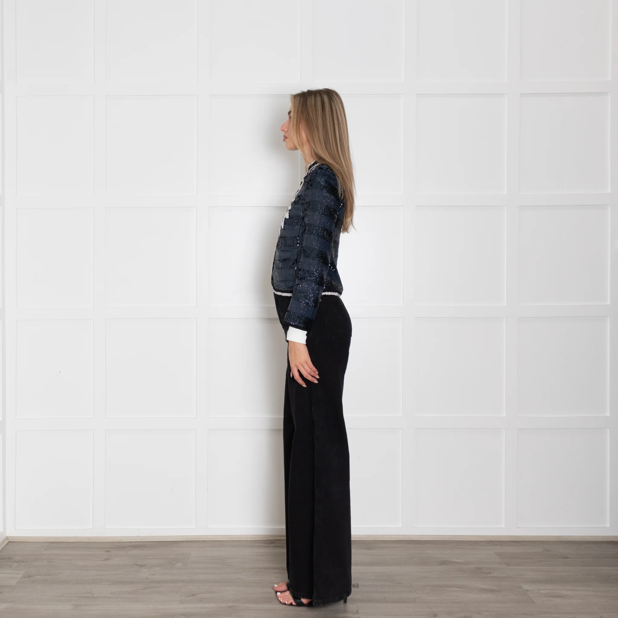 Zadig & Voltaire Preloved Deluxe Navy Sequin Striped Cream Trim Short Jacket - Image 4