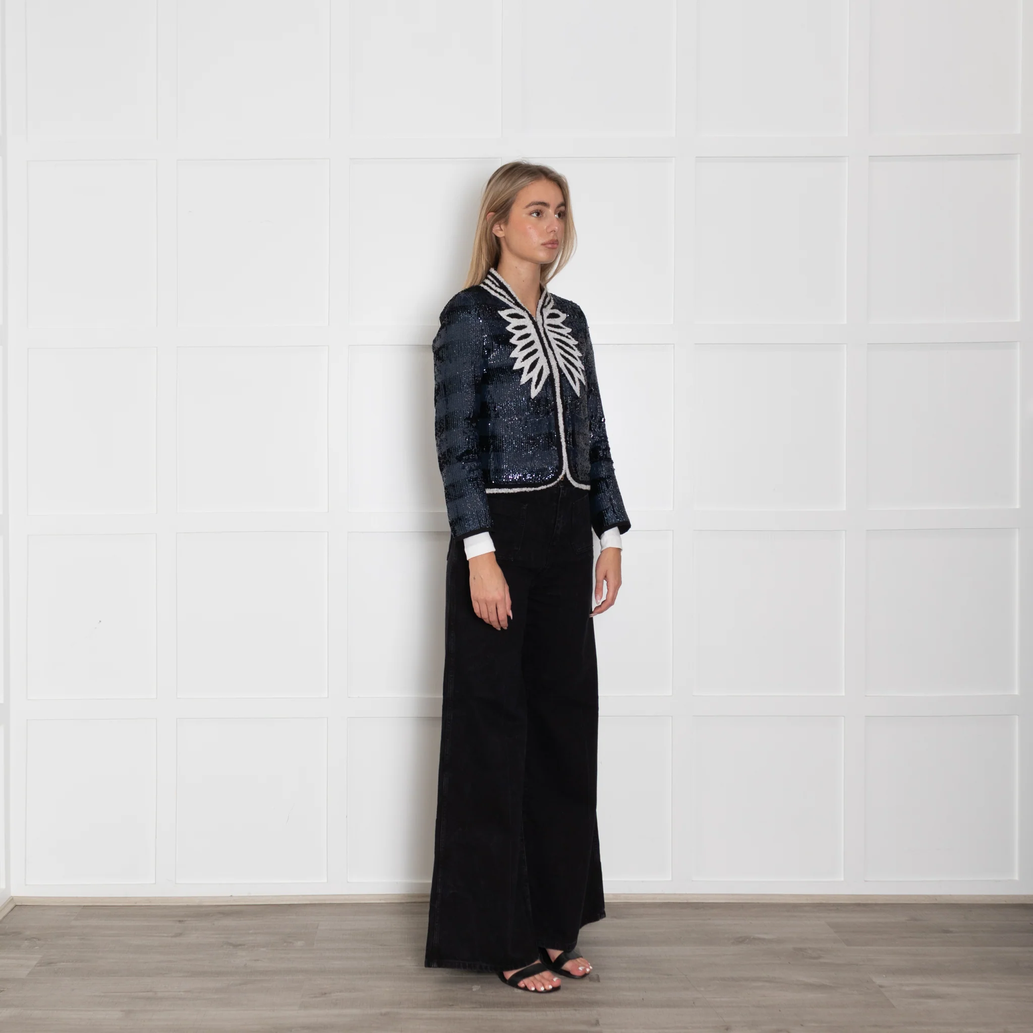 Zadig & Voltaire Preloved Deluxe Navy Sequin Striped Cream Trim Short Jacket - Image 7