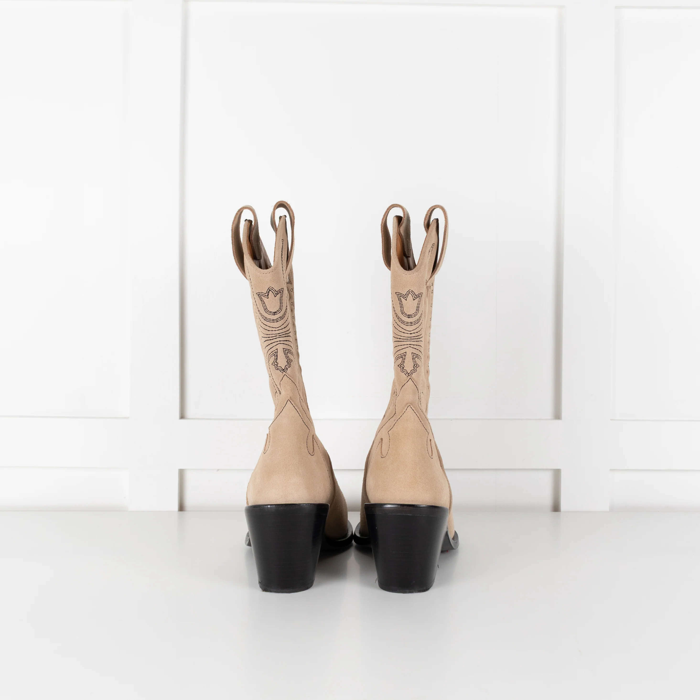 Zadig & Voltaire Neutral Suede Black Embroidery Cowboy Boots - Image 4