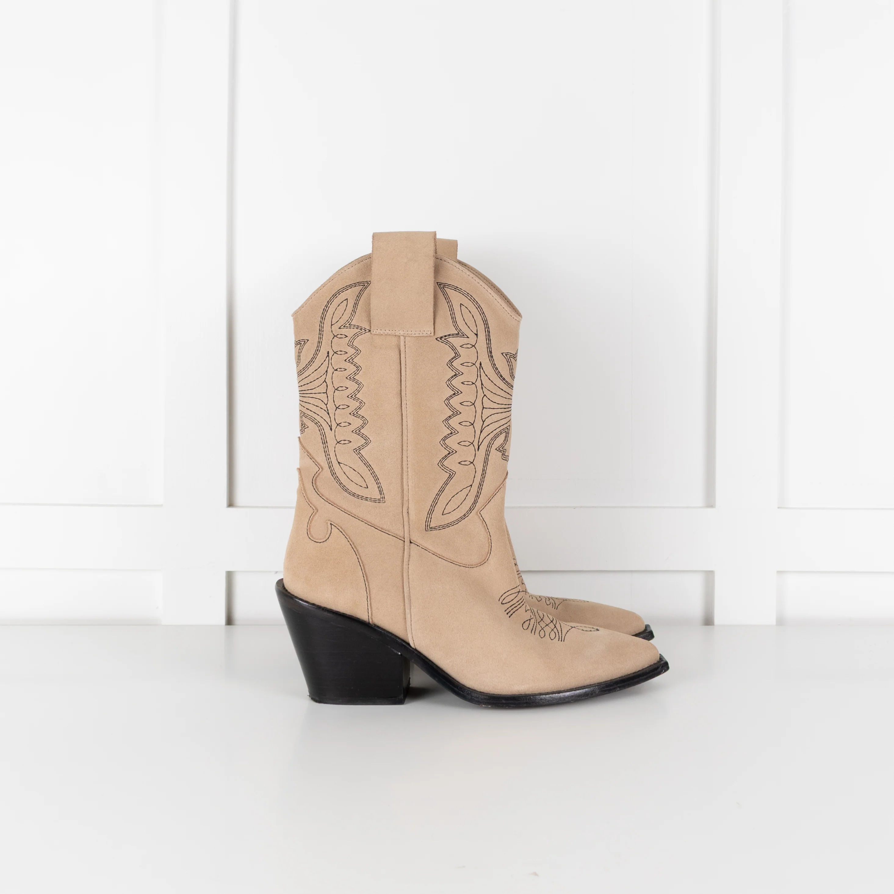 Zadig & Voltaire Neutral Suede Black Embroidery Cowboy Boots - Image 5