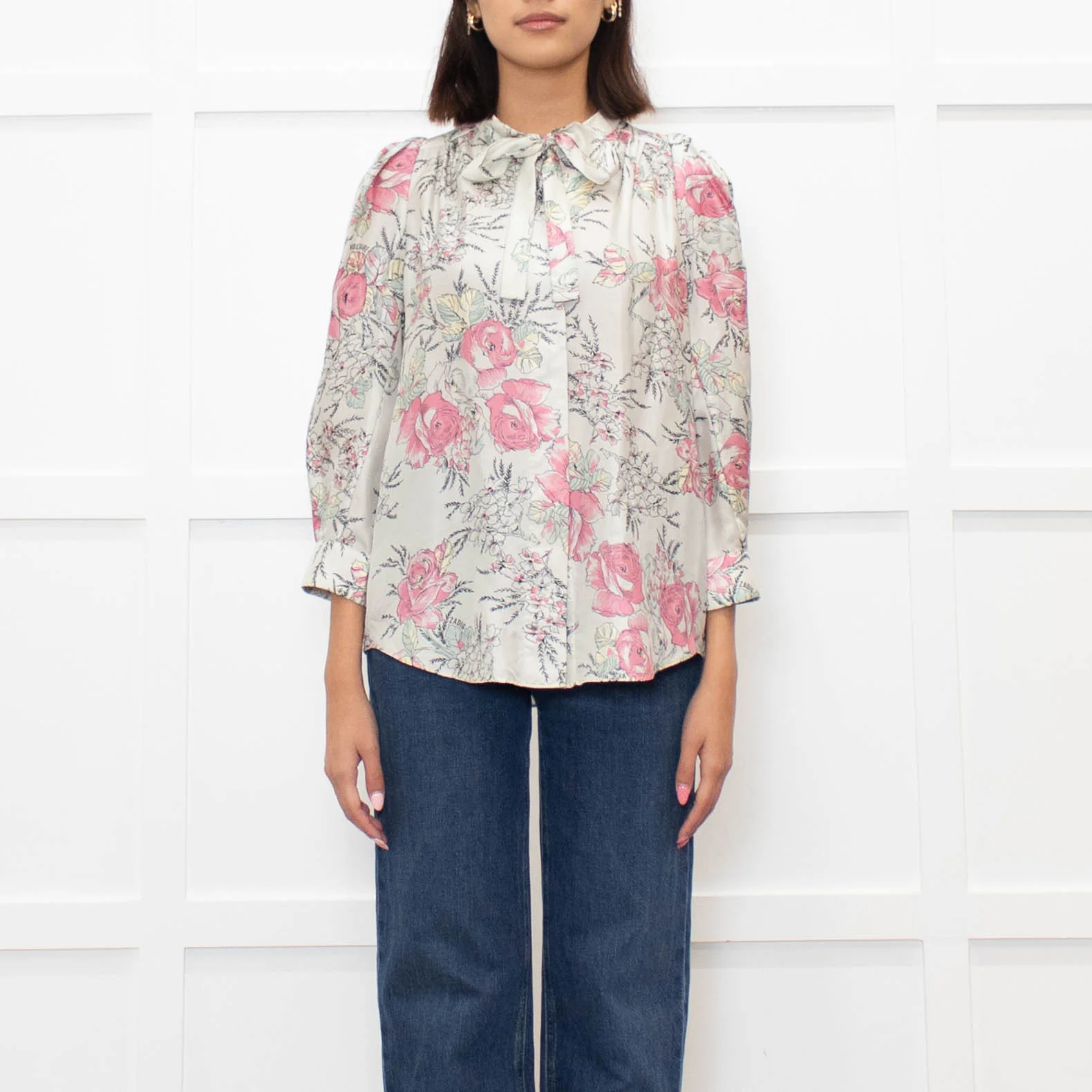 Zadig & Voltaire Pale Green and Pink Floral Tie Neck Blouse - Image 2