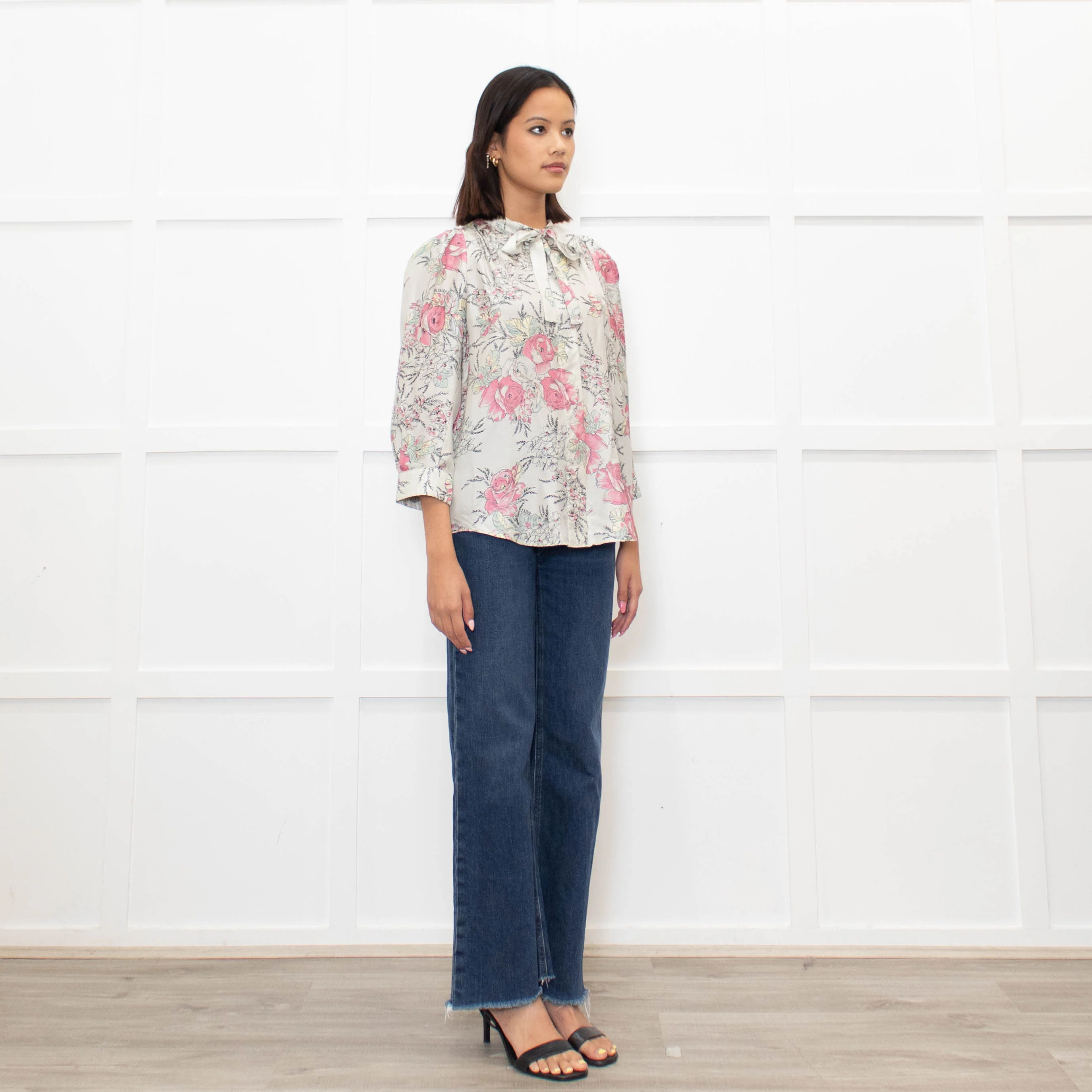 Zadig & Voltaire Pale Green and Pink Floral Tie Neck Blouse - Image 3