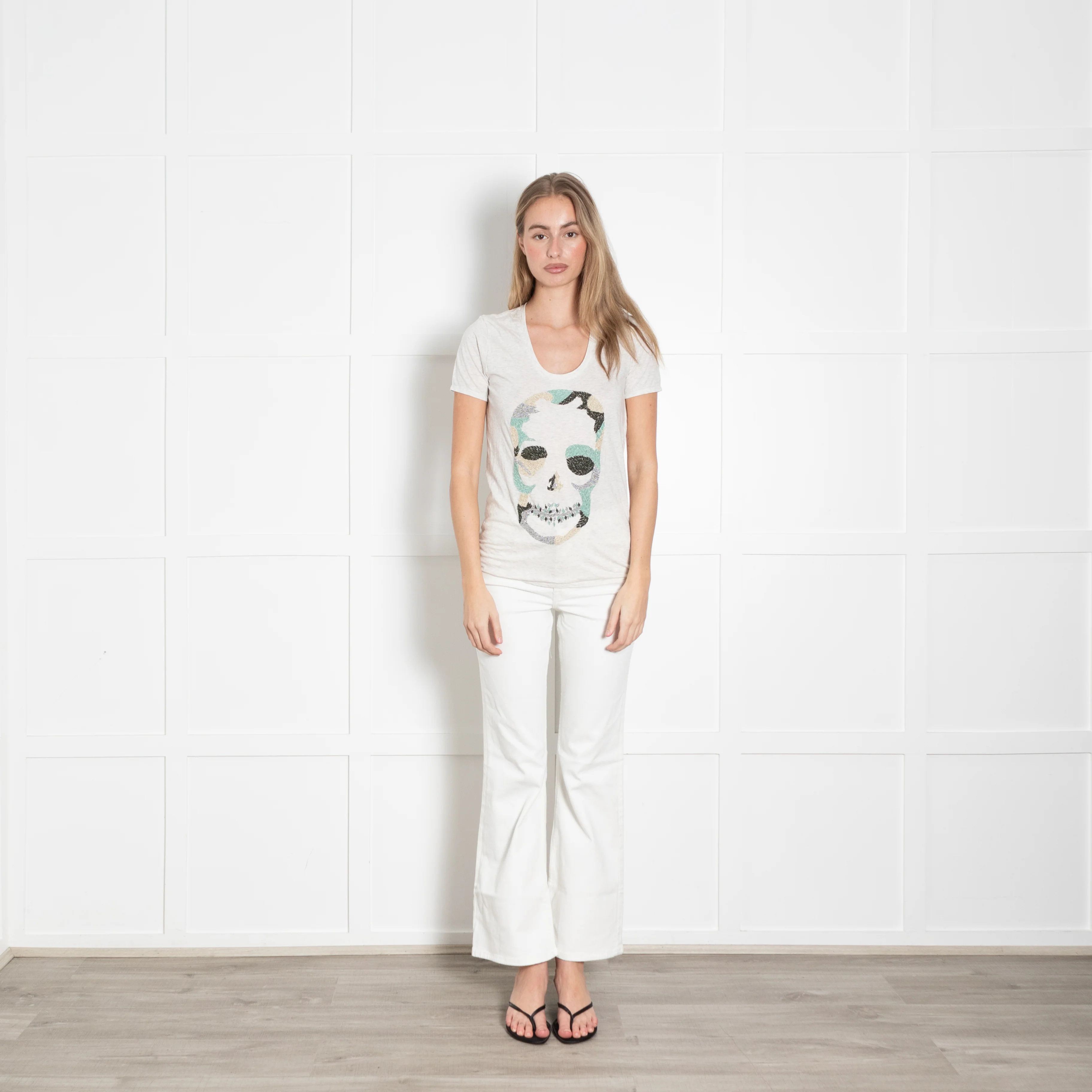 Zadig & Voltaire Pale Grey Beaded Skull T-Shirt