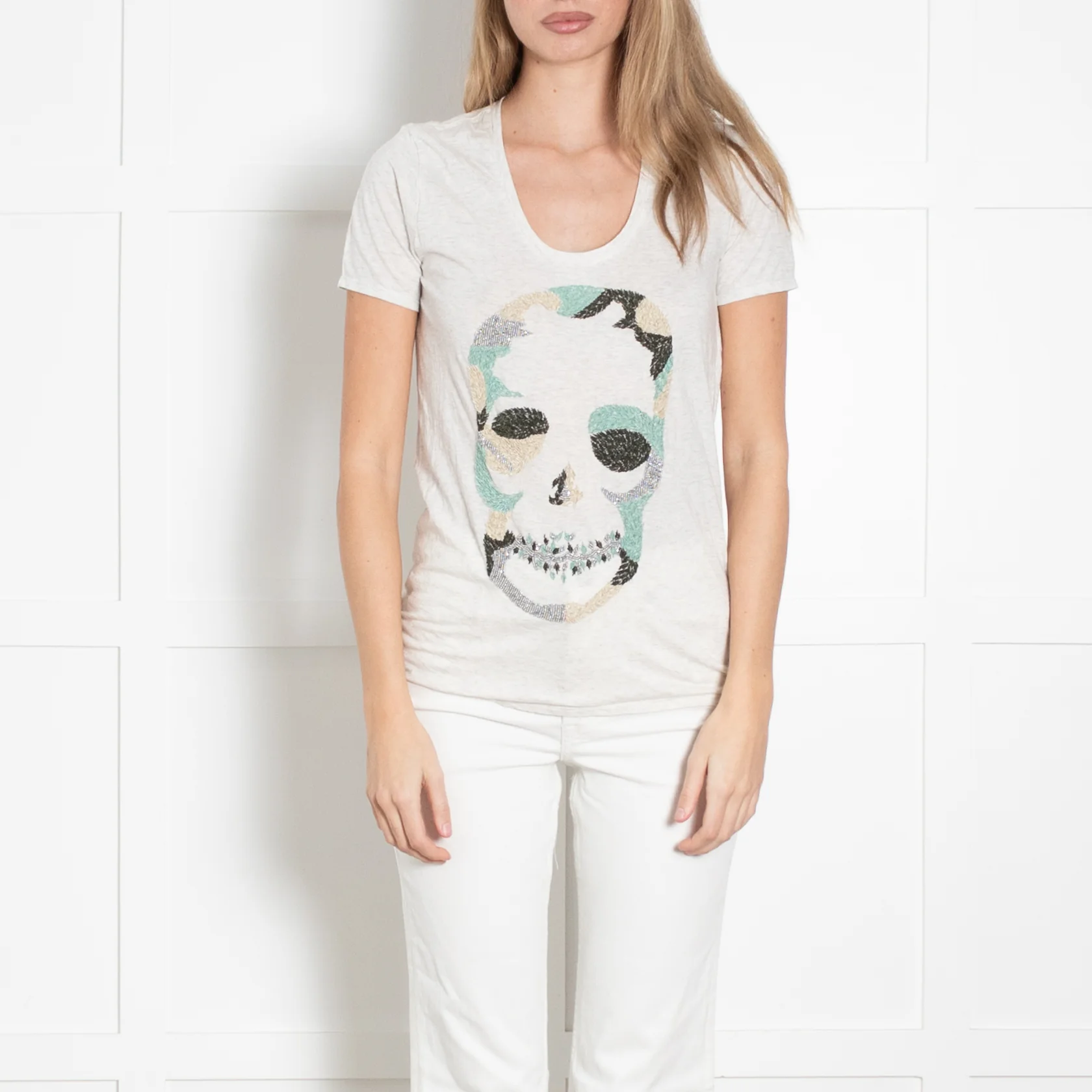 Zadig & Voltaire Pale Grey Beaded Skull T-Shirt - Image 2