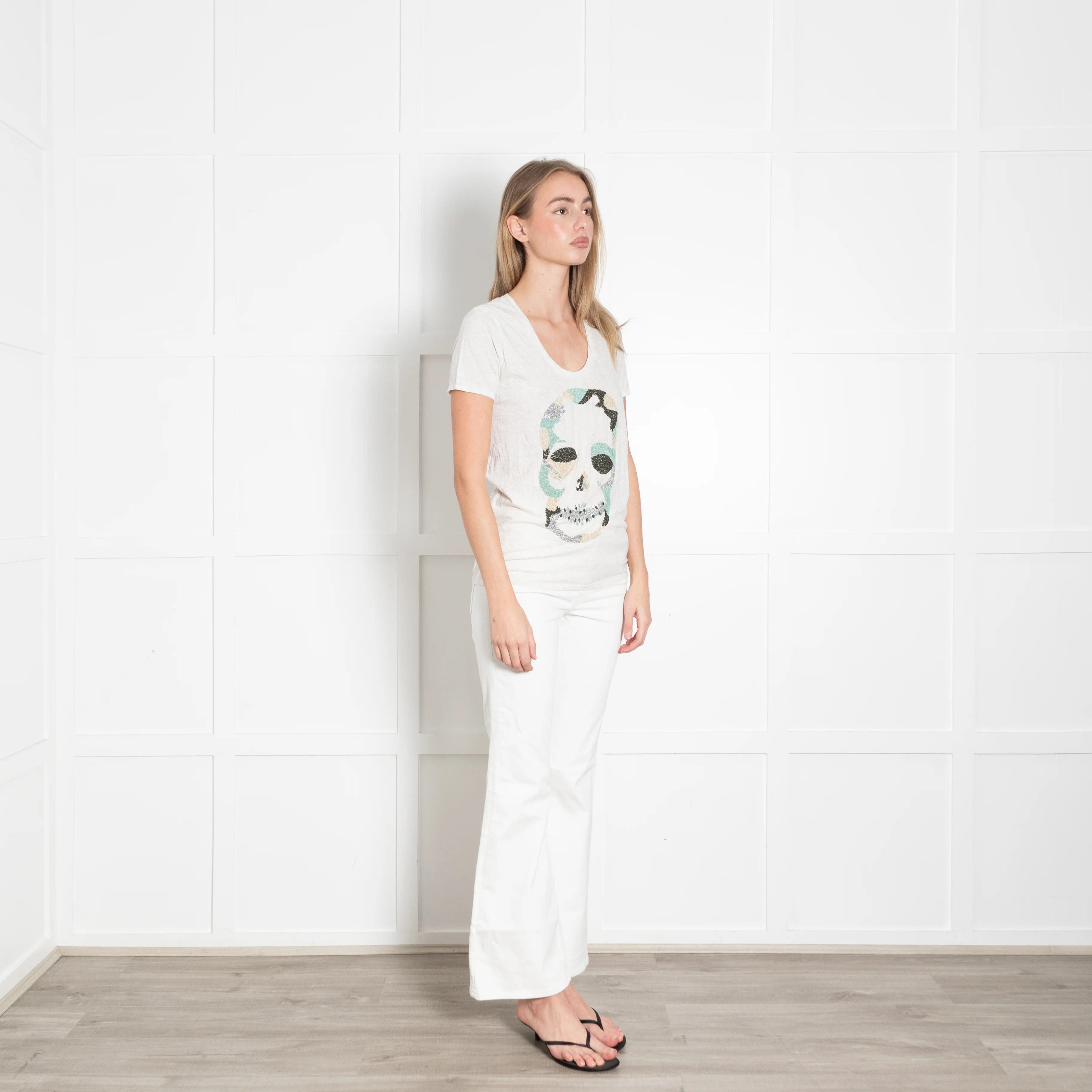 Zadig & Voltaire Pale Grey Beaded Skull T-Shirt - Image 7
