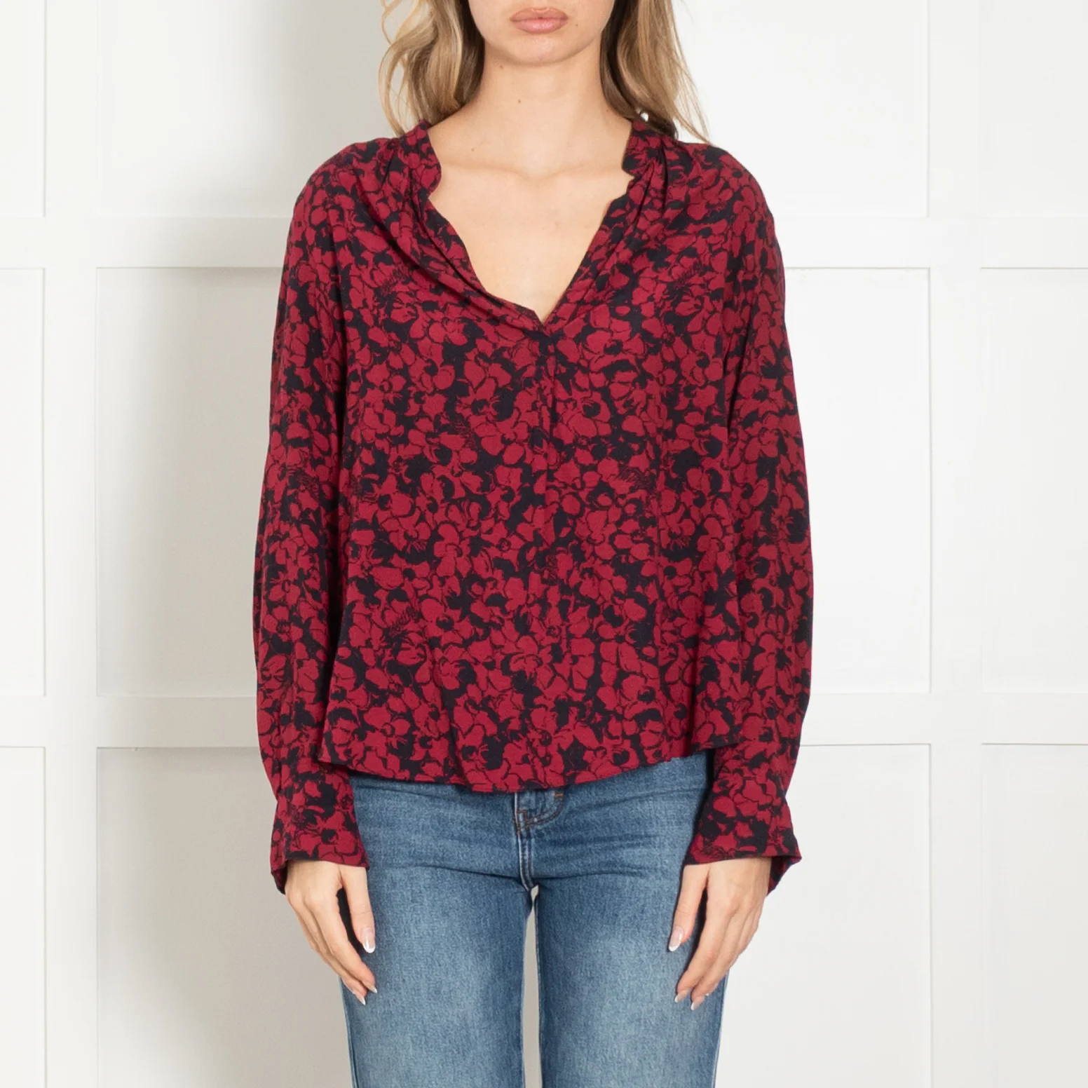 Zadig & Voltaire Preloved  Red and Navy Floral Long Sleeve Blouse - Image 2