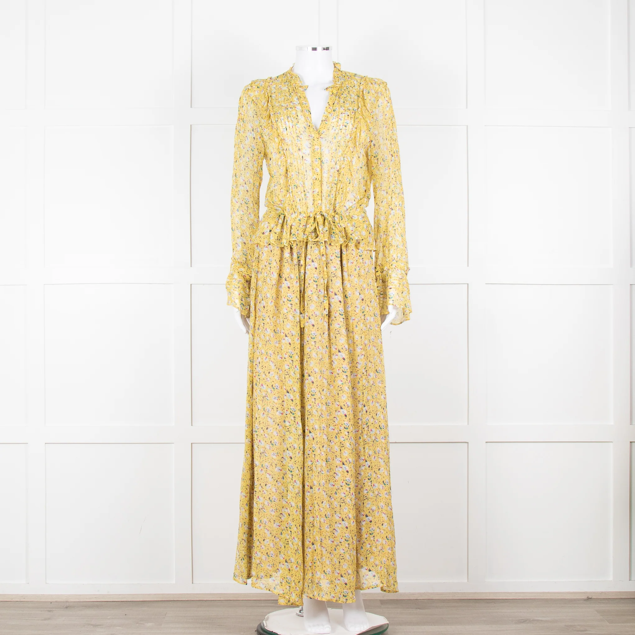Zadig & Voltaire Yellow Blue Floral Frill Trim Maxi Dress