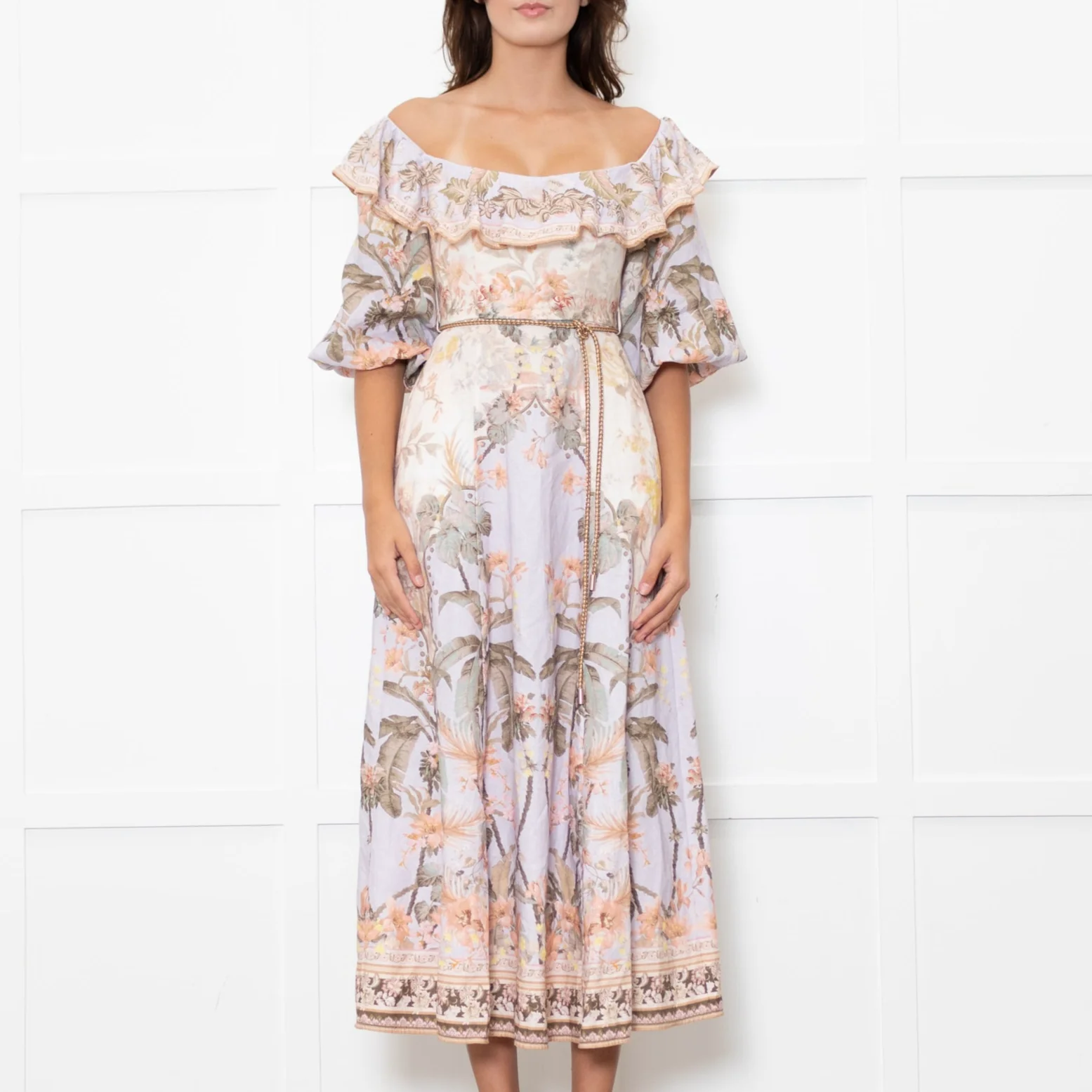Zimmermann Cream Lilac Multi Floral-Print Linen Midi Dress - Image 2