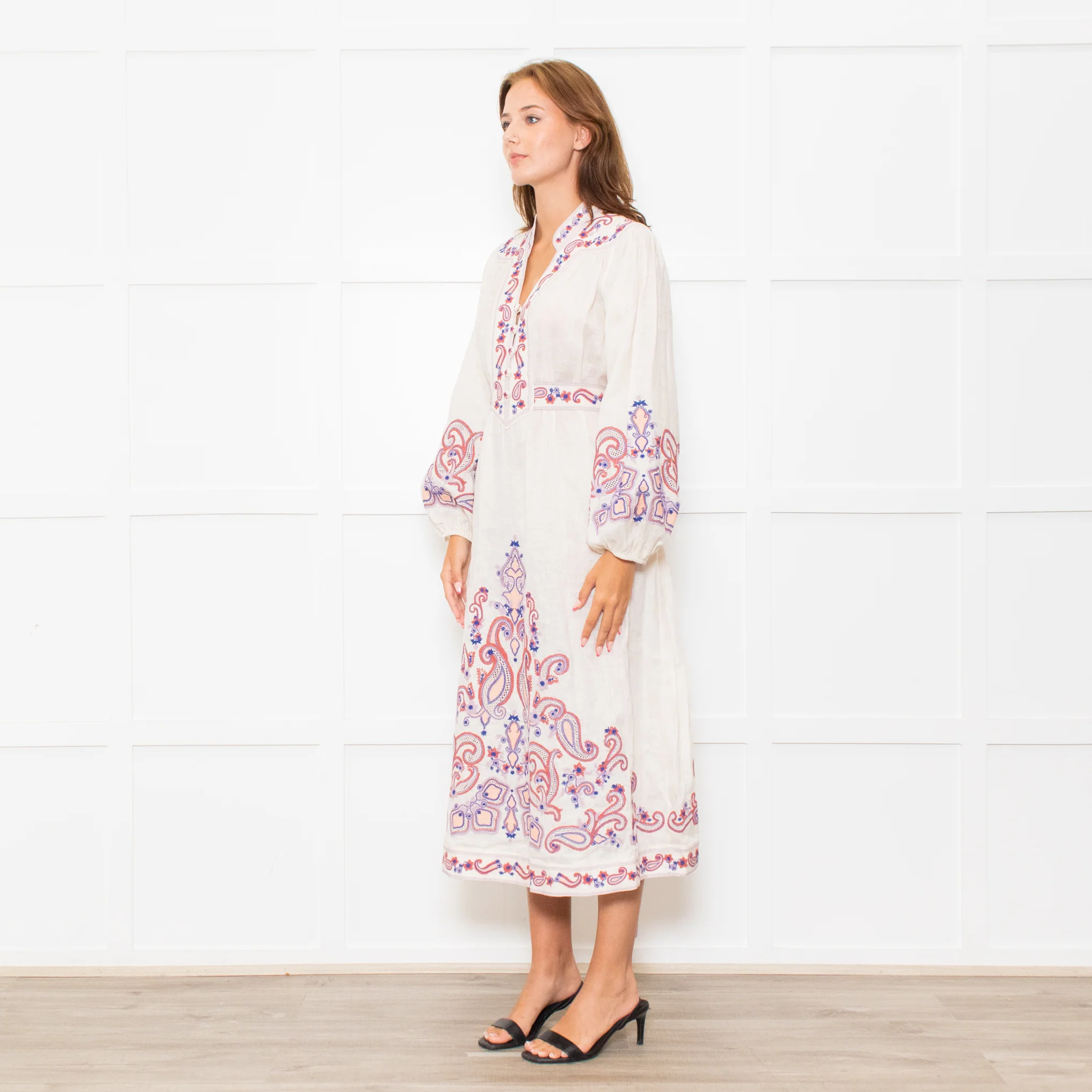 Zimmermann Cream Linen Rust Coral Blue Paisley Embroidered Trim Maxi Dress - Image 3