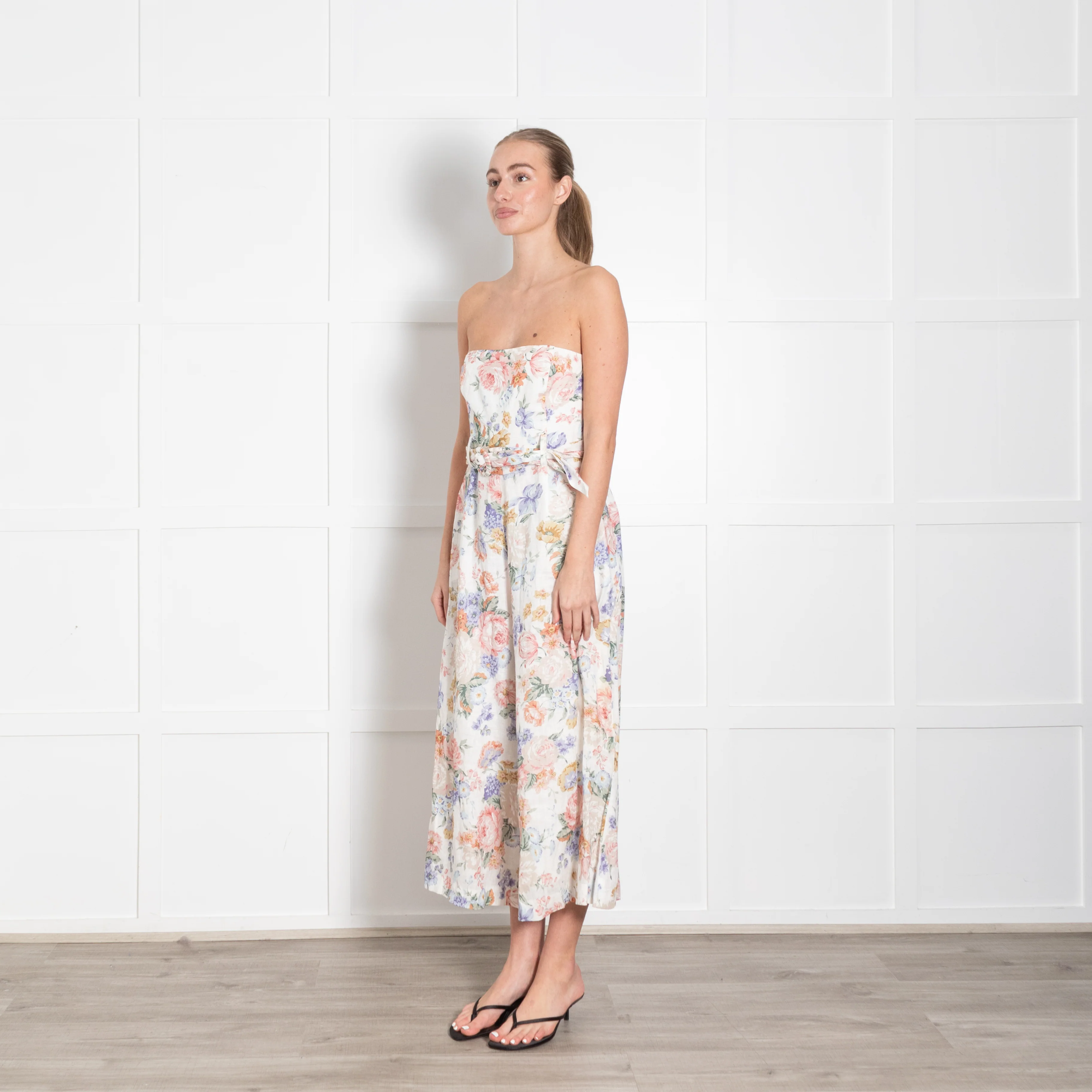 Zimmermann Cream Multi Colour Bowie Linen Strapless Jumpsuit - Image 3
