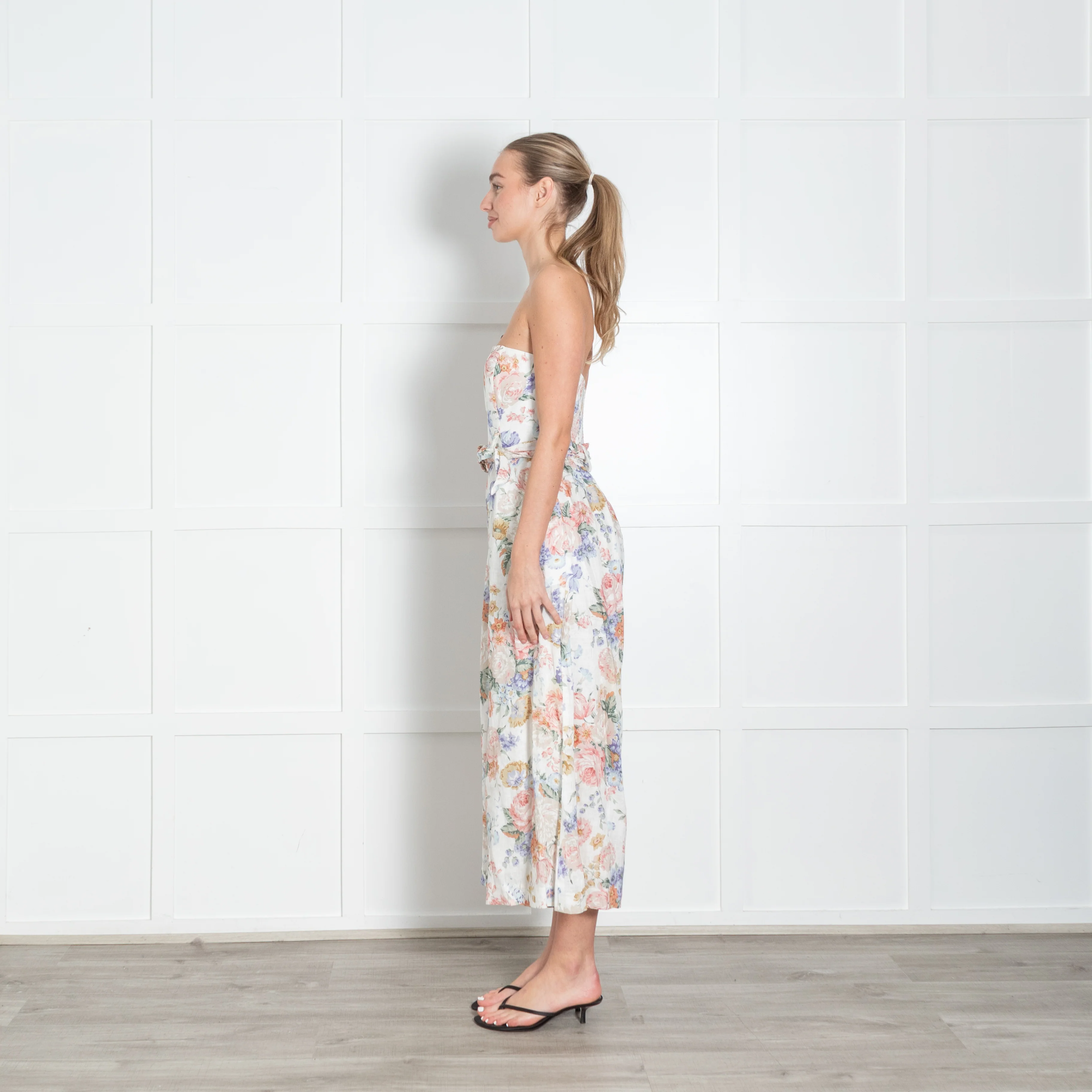 Zimmermann Cream Multi Colour Bowie Linen Strapless Jumpsuit - Image 4