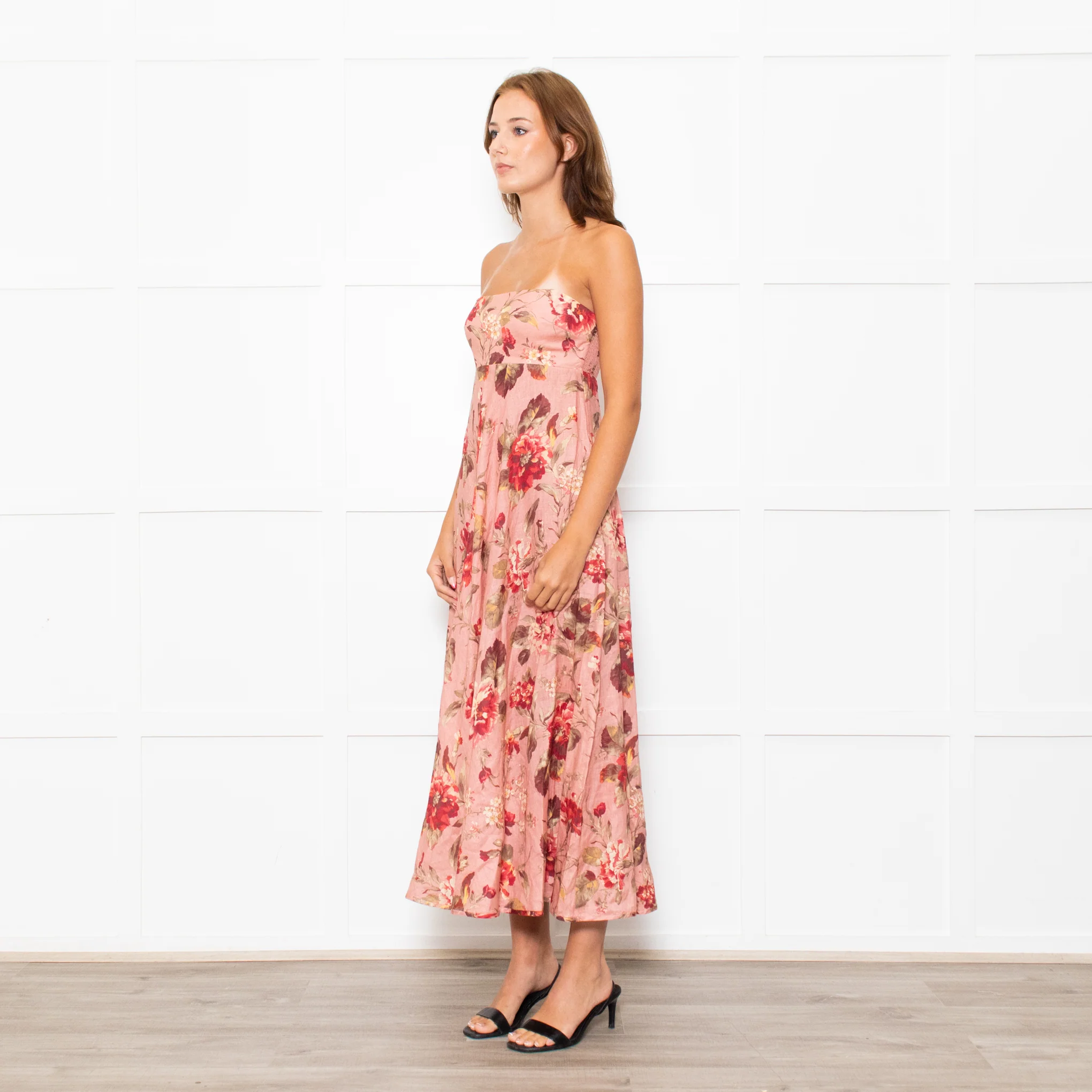 Zimmermann Peach Floral Linen Strapless Maxi Dress - Image 3