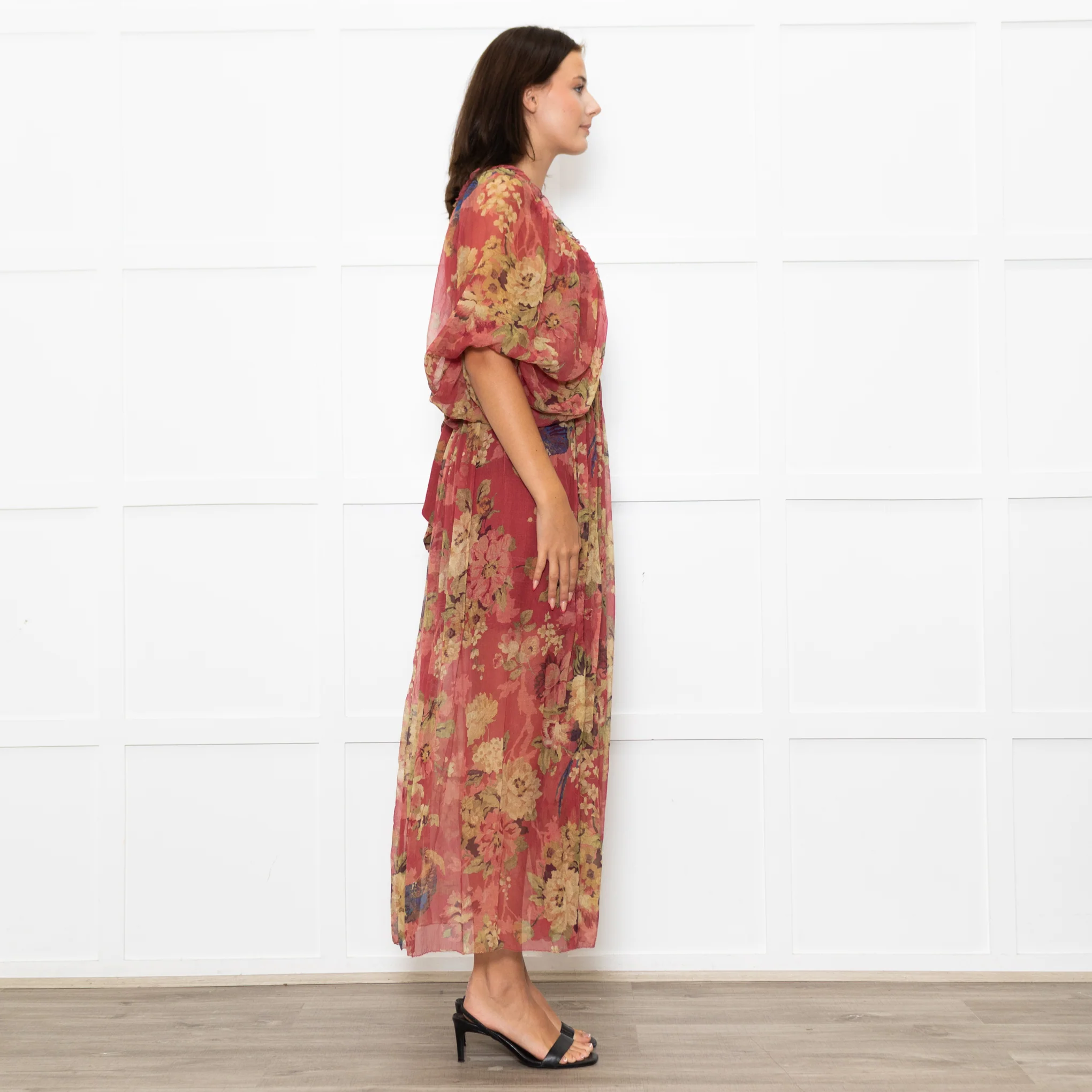 Zimmermann Red Beige Floral Wrap Silk Maxi Dress - Image 6