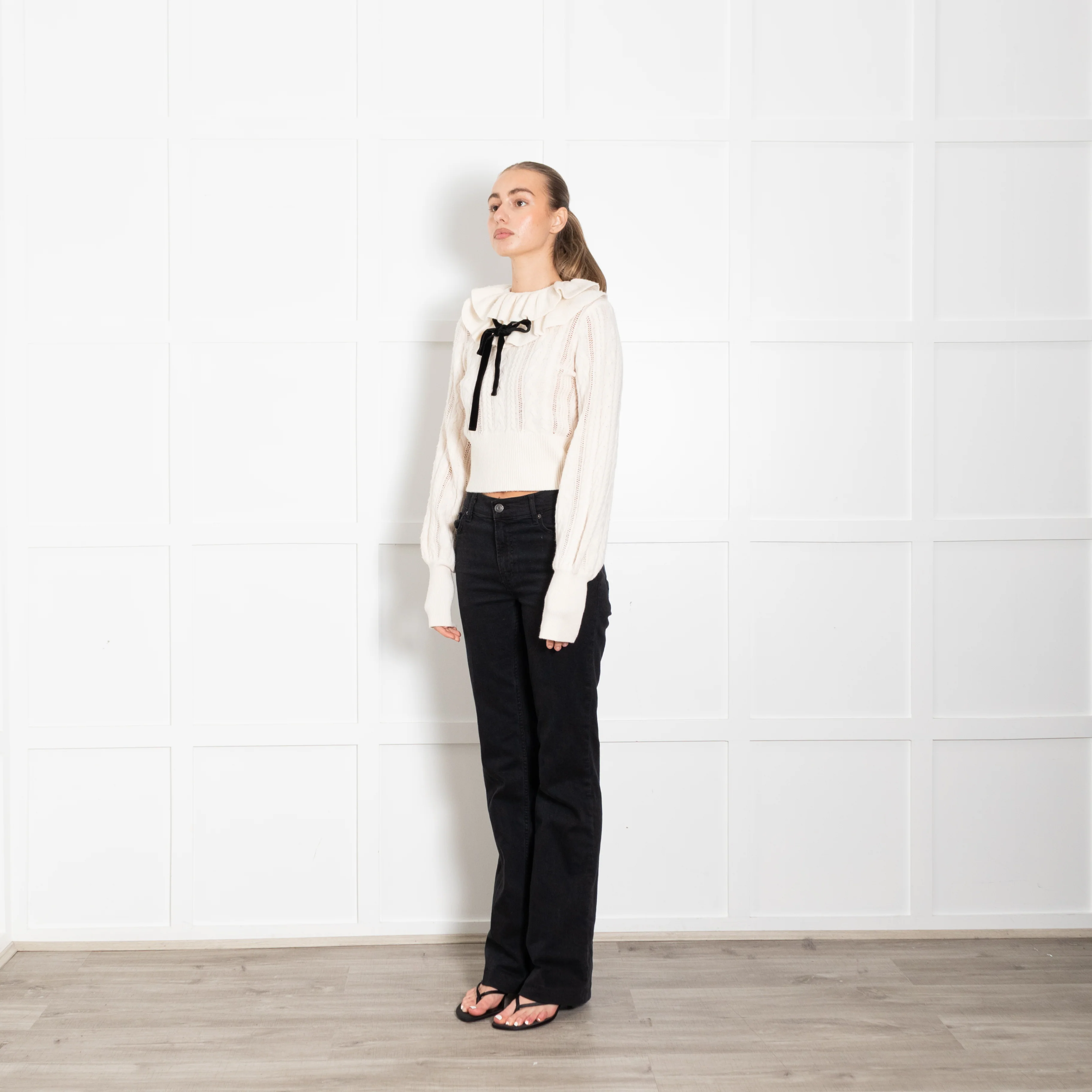 Zimmermann Tiered Frill Wool Jumper With Black Velvet Neck Tie - Image 3