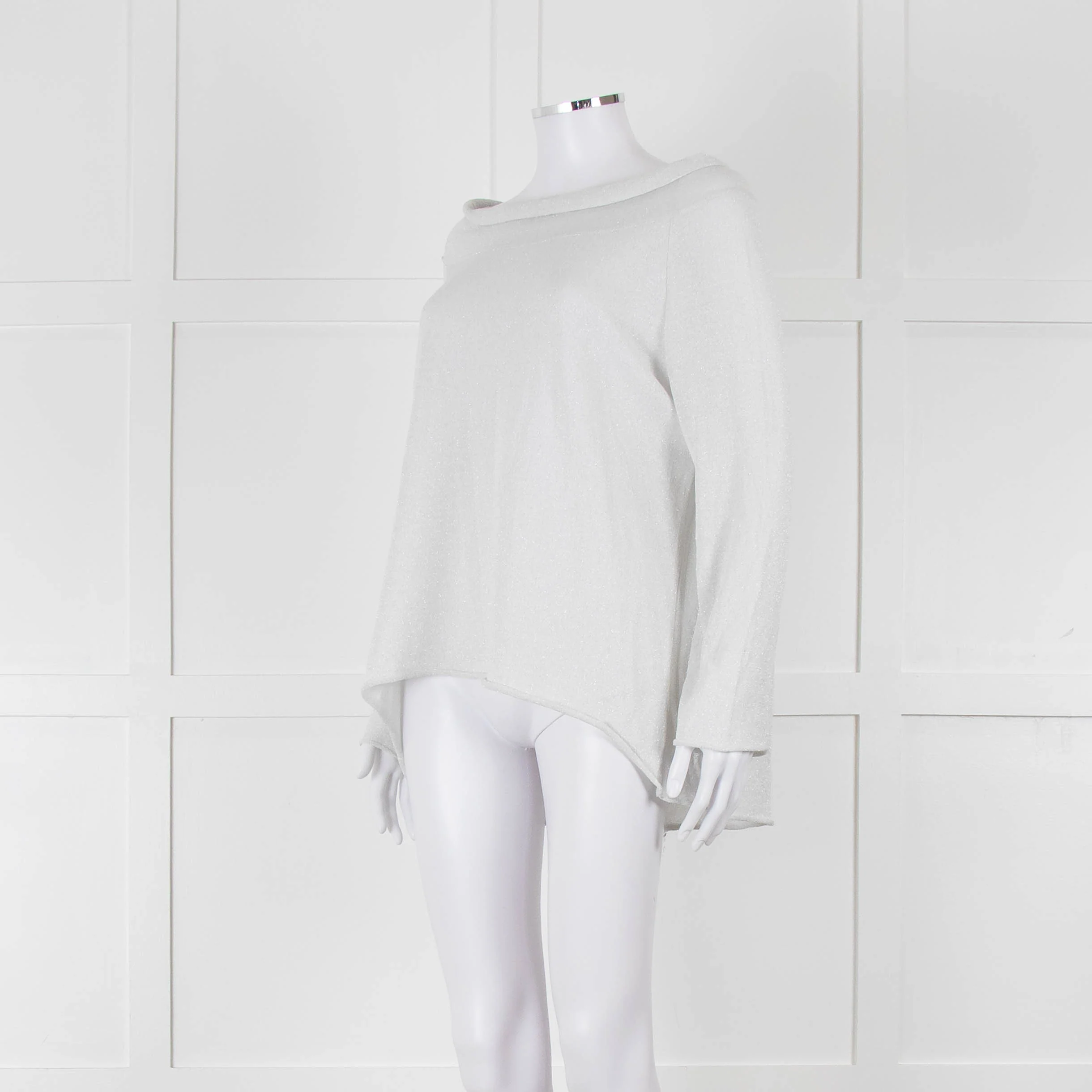 Zoe Milano Light Grey Silver Fine Knit Wide Neck Sweater - Image 8
