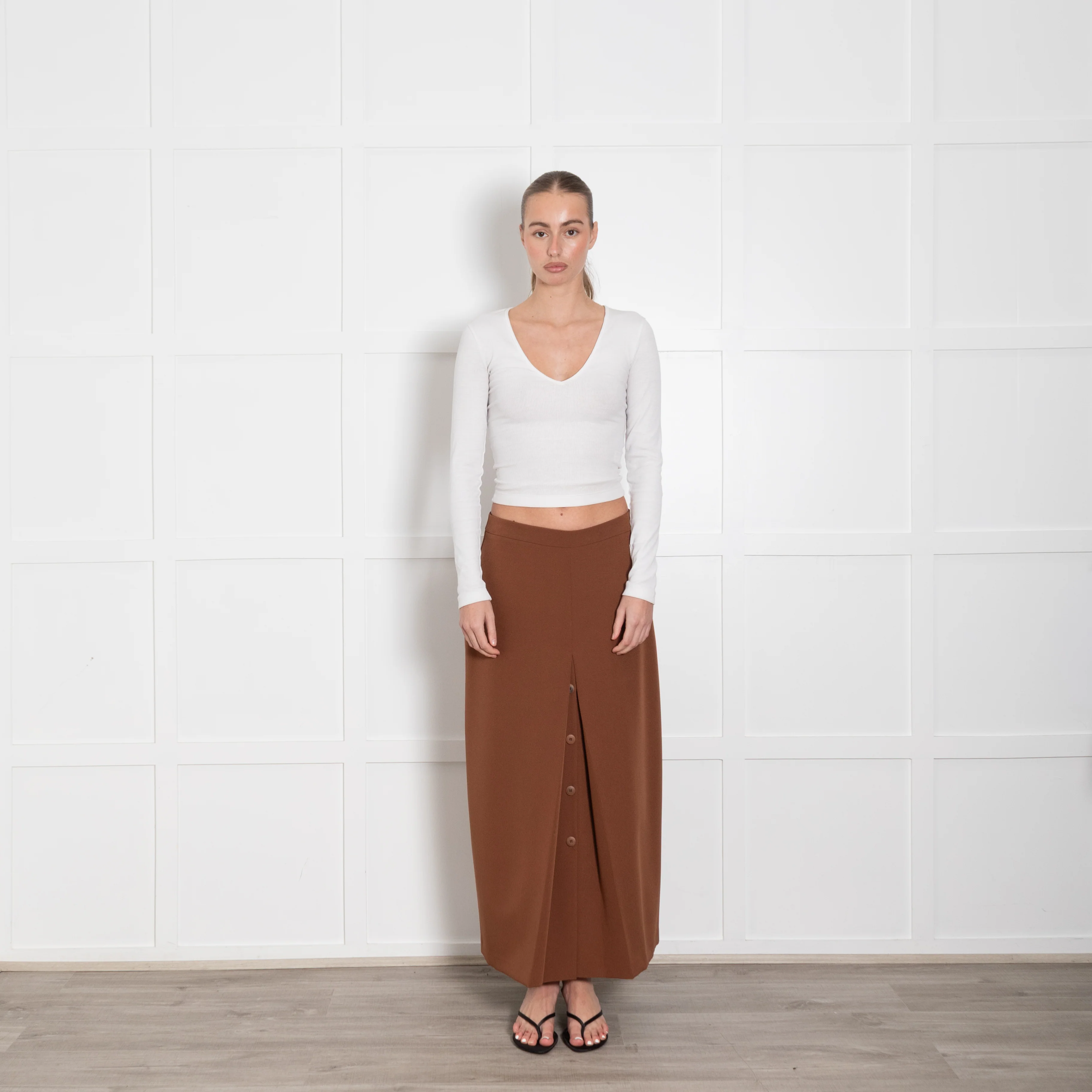 Zoe Milano Tan Button Detail Midi Skirt